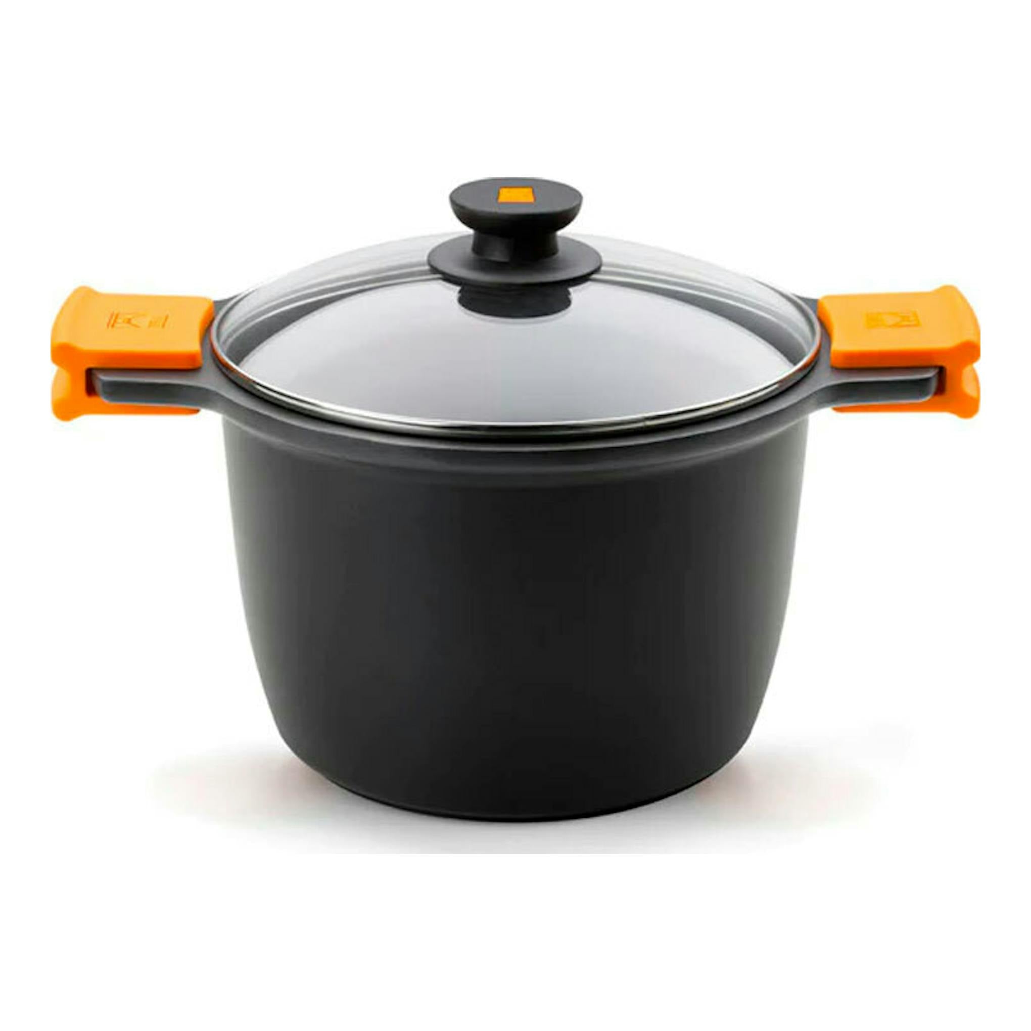 Olla alta Bra Efficient negra con tapa de vidrio y asas naranjas, vista frontal.
