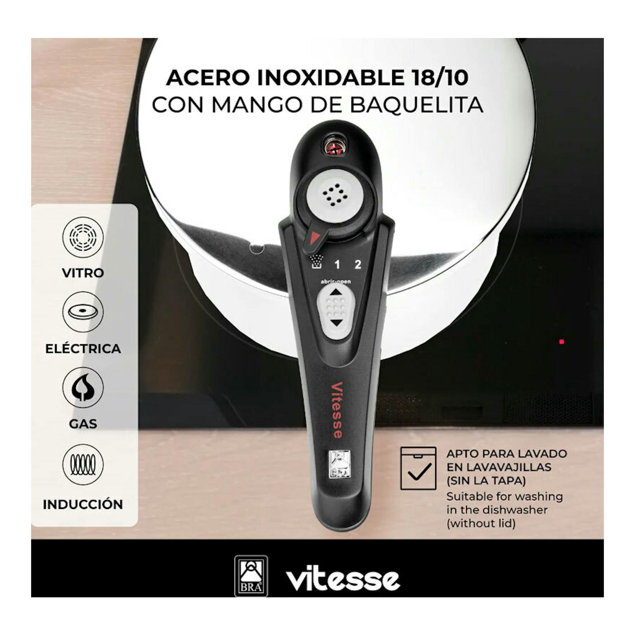 Olla a presión Bra Vitesse 6 L, vista superior, de acero inoxidable con asa negra sobre placa negra.