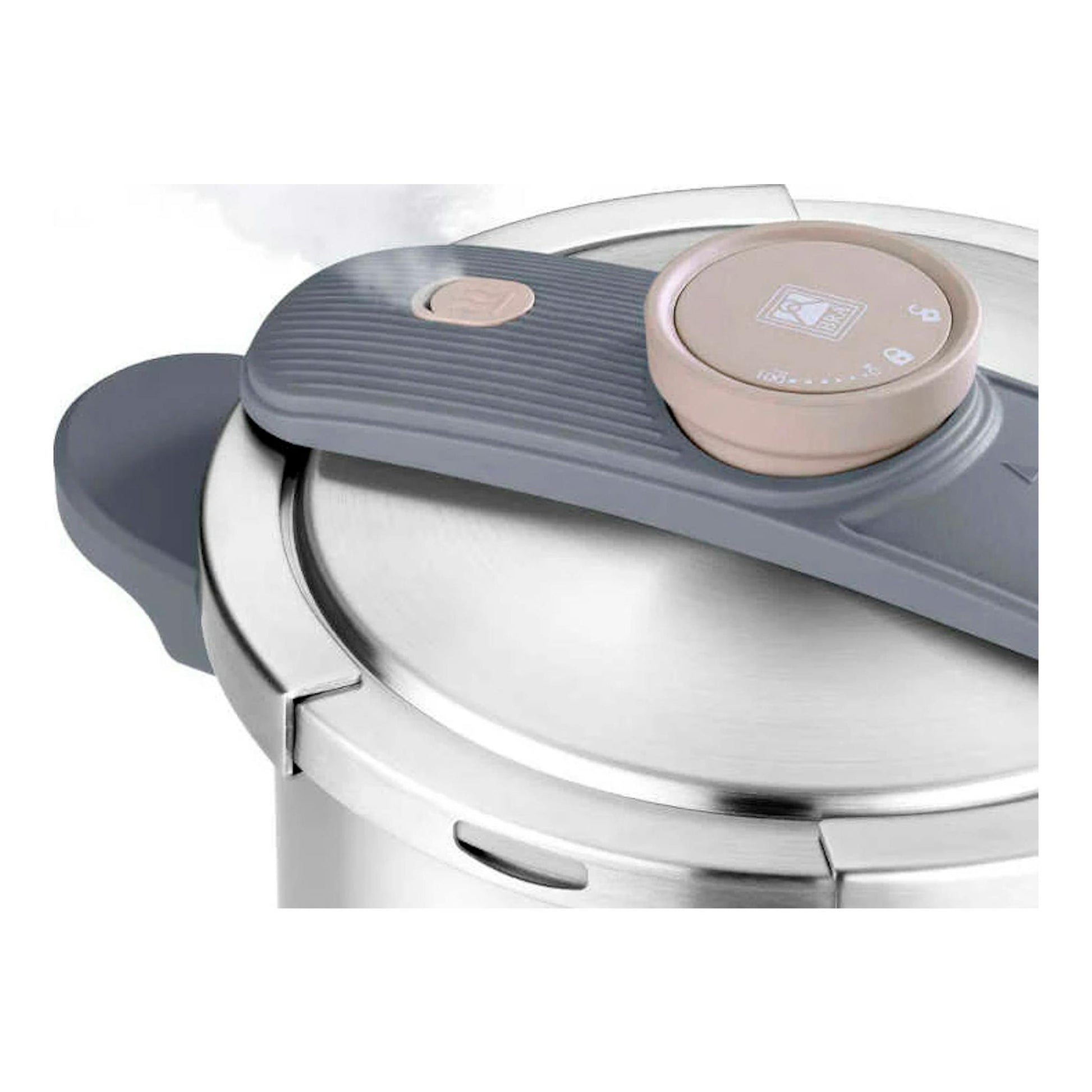 Olla a presión Bra OP 4 L Emotion, vista superior parcial, tapa de acero inoxidable y válvula gris con vapor.