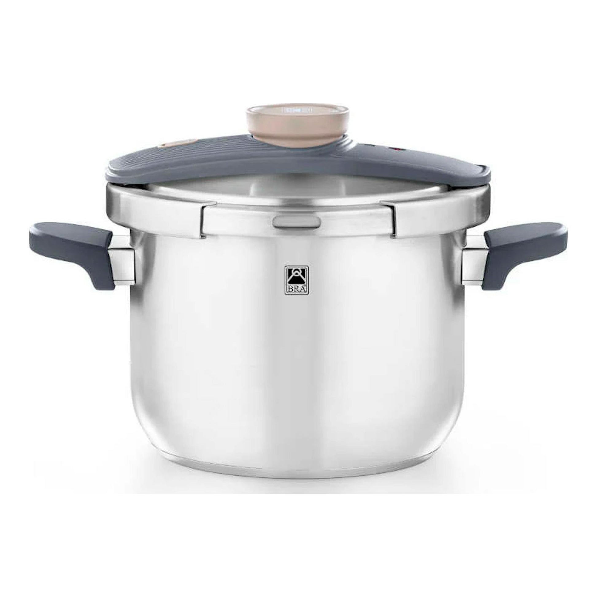 Olla a presión Bra OP 6 L Emotion de acero inoxidable, vista frontal, con tapa gris y asas oscuras.
