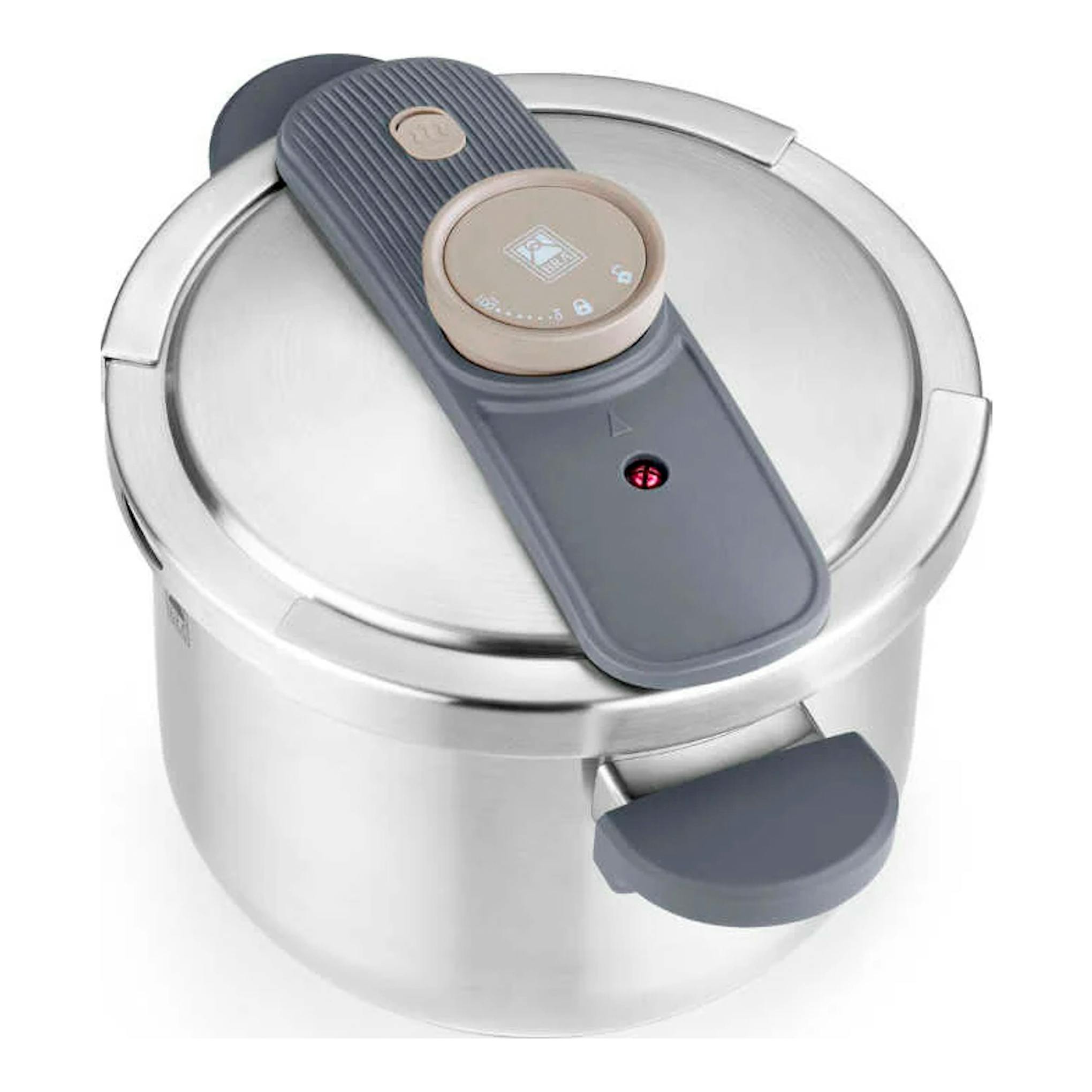 Olla a presión Bra OP 6 L Emotion de acero inoxidable, vista superior, con asa y mando grises.