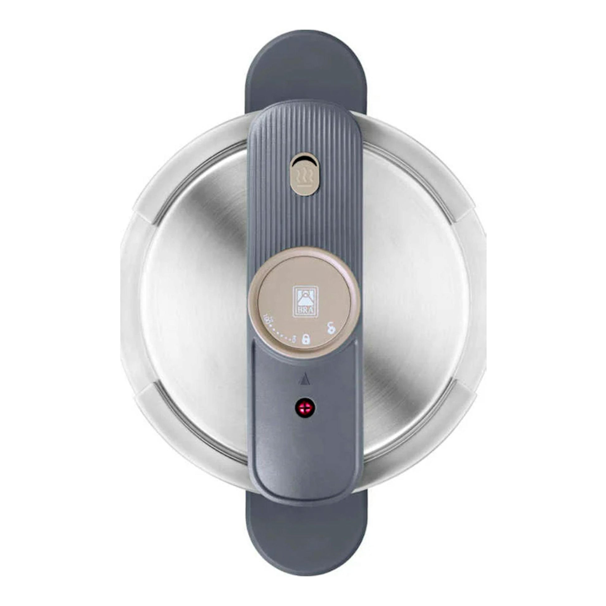 BRA Emotion: vista superior de una olla de acero inoxidable con tapa y asa central gris oscura.