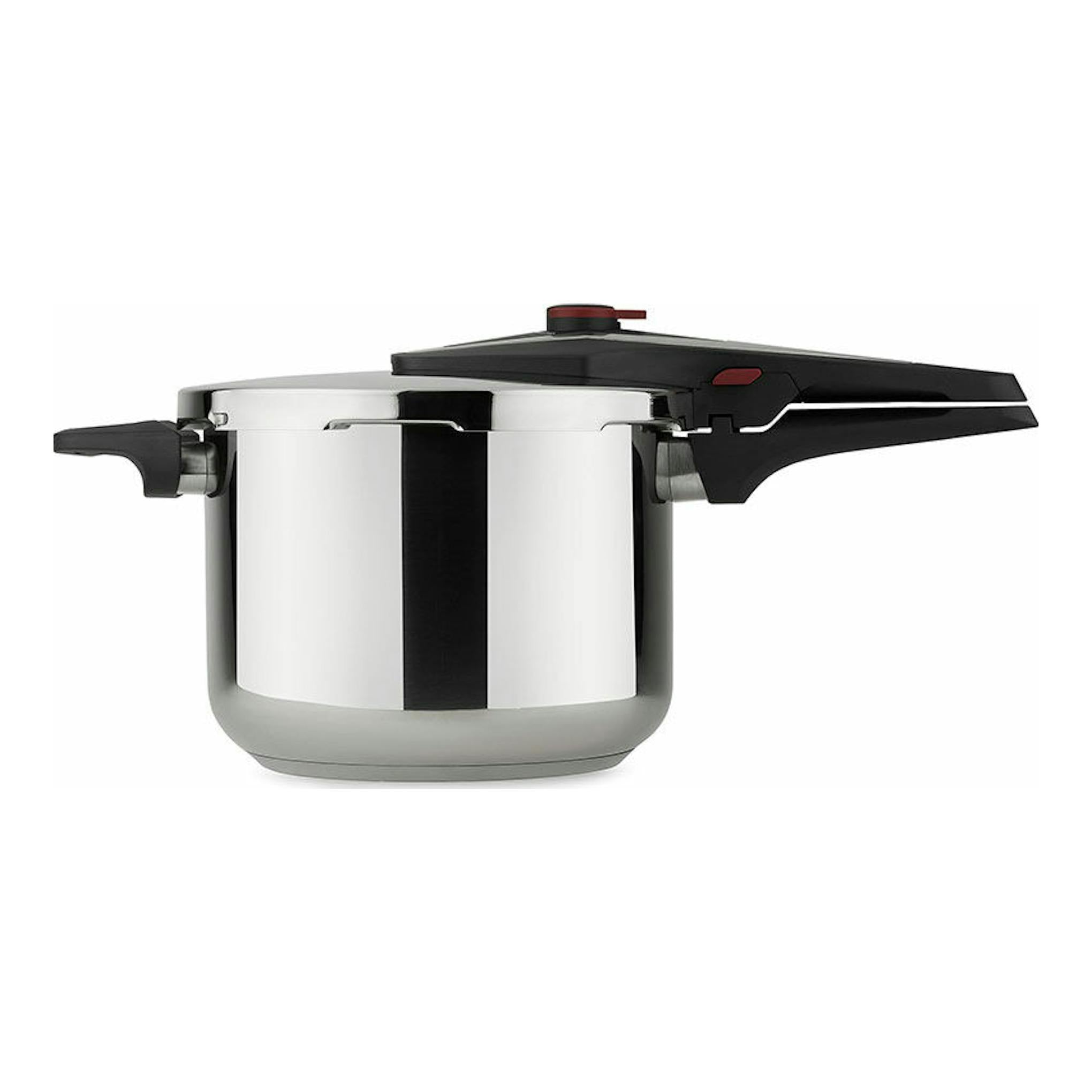 Olla rápida Boj Lightning 6L de acero inoxidable, vista lateral, con tapa negra y asas negras.