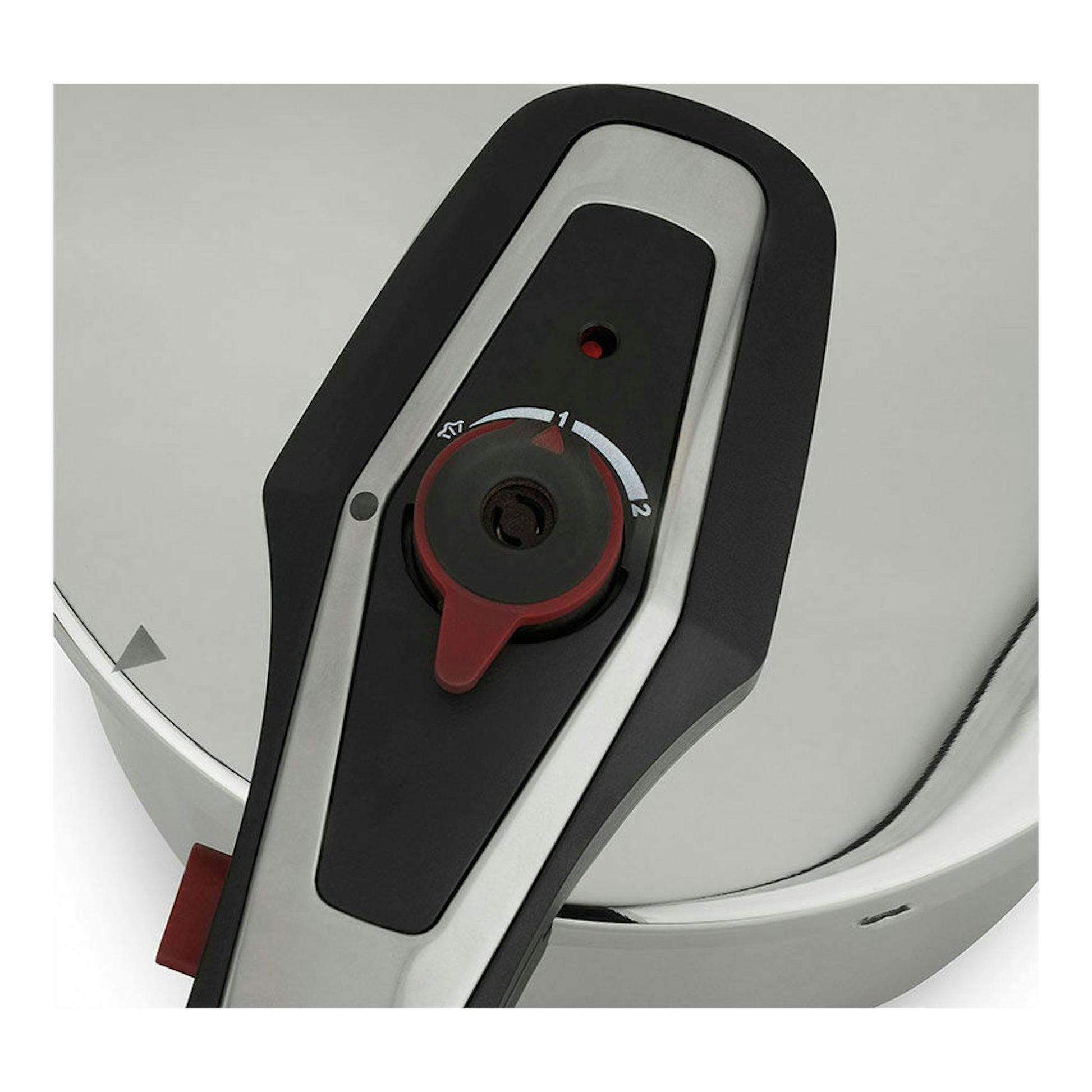 Olla rápida BOJ Lightning 6L, vista cenital de la tapa en acero inoxidable y negro con válvula de presión.