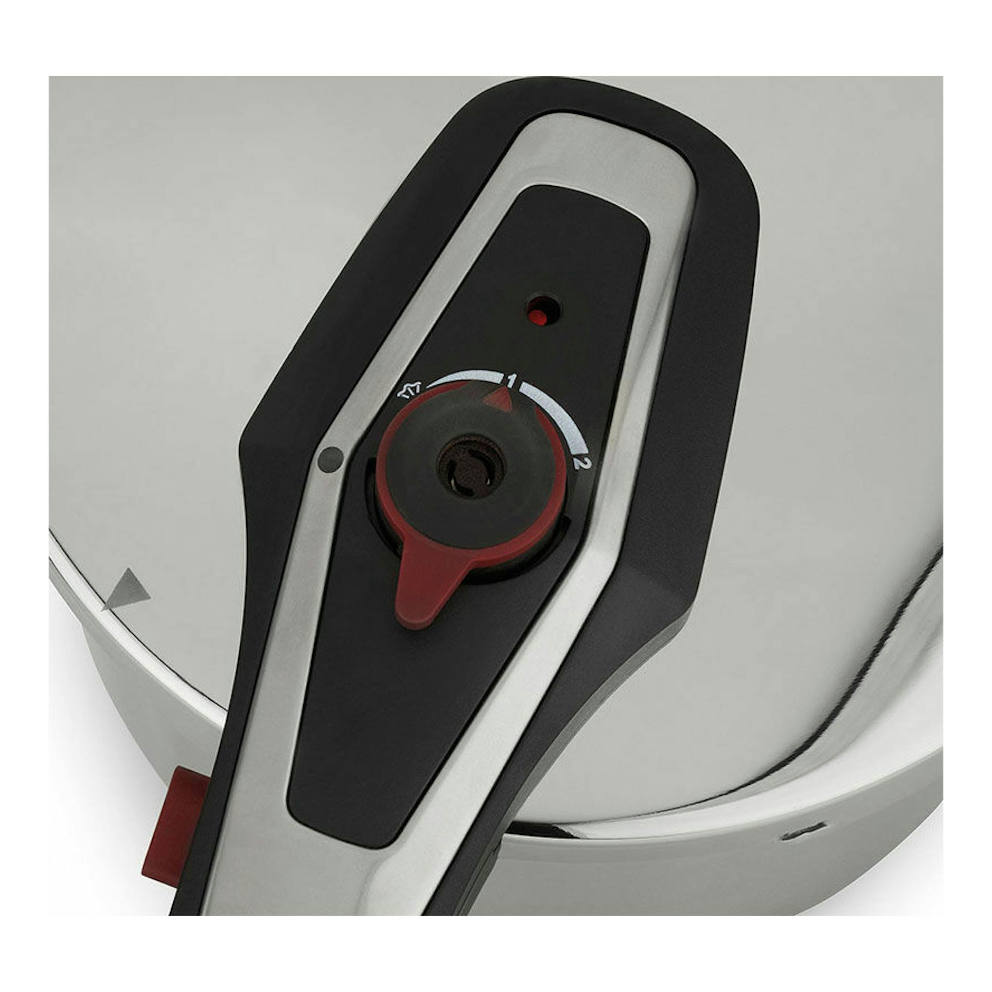 Olla rápida BOJ Lightning 6L, vista cenital de la tapa en acero inoxidable y negro con válvula de presión.