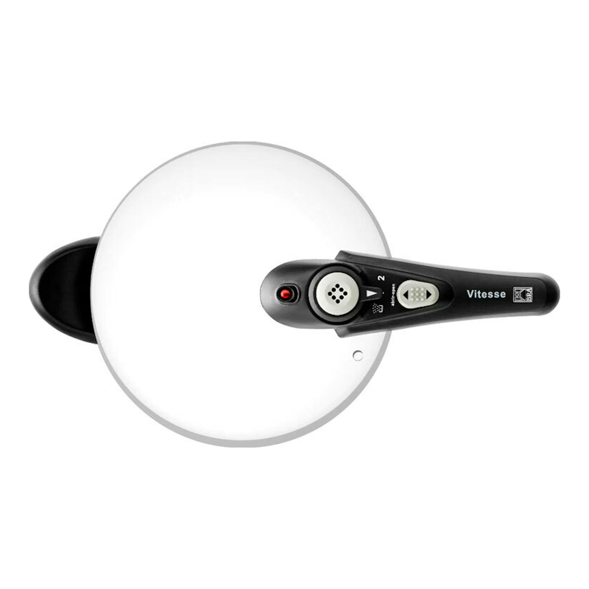 Vista superior de la olla rápida Bra Vitesse 4L, tapa plateada con mango negro y válvula de control.