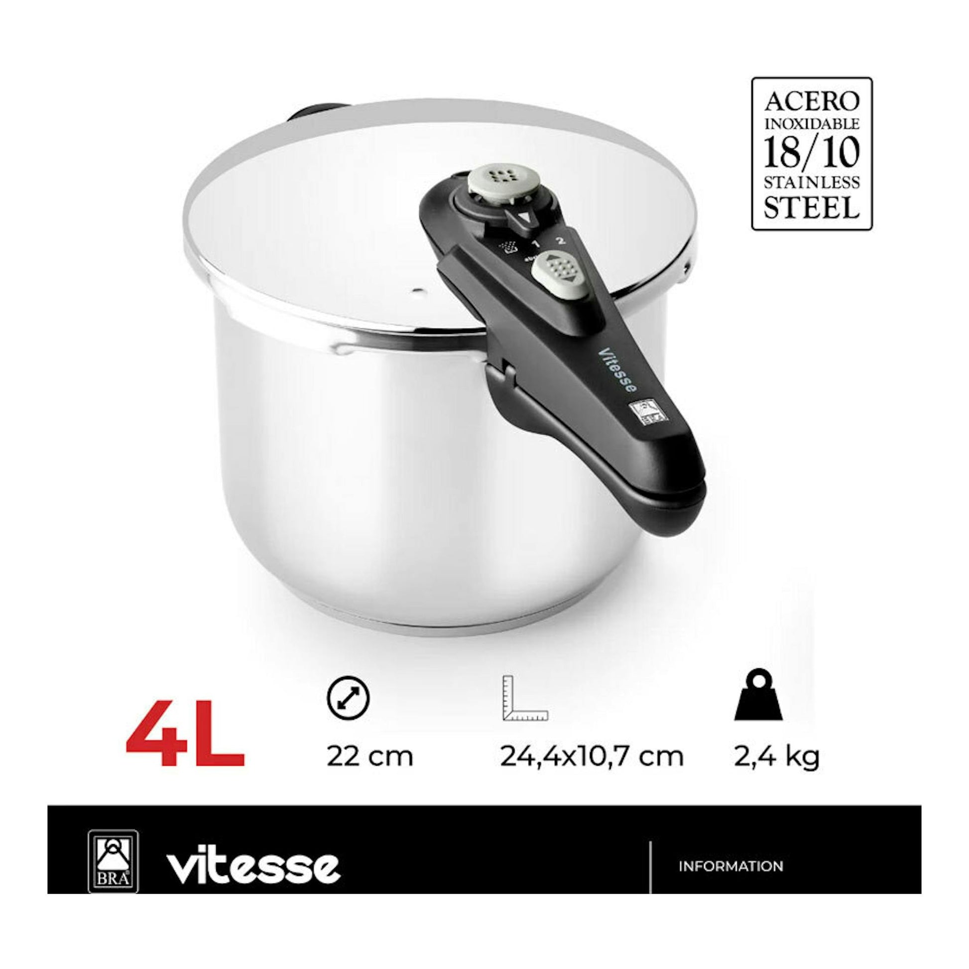 Olla rápida Bra Vitesse de acero inoxidable, vista frontal en 3/4, con tapa plateada y asa negra.