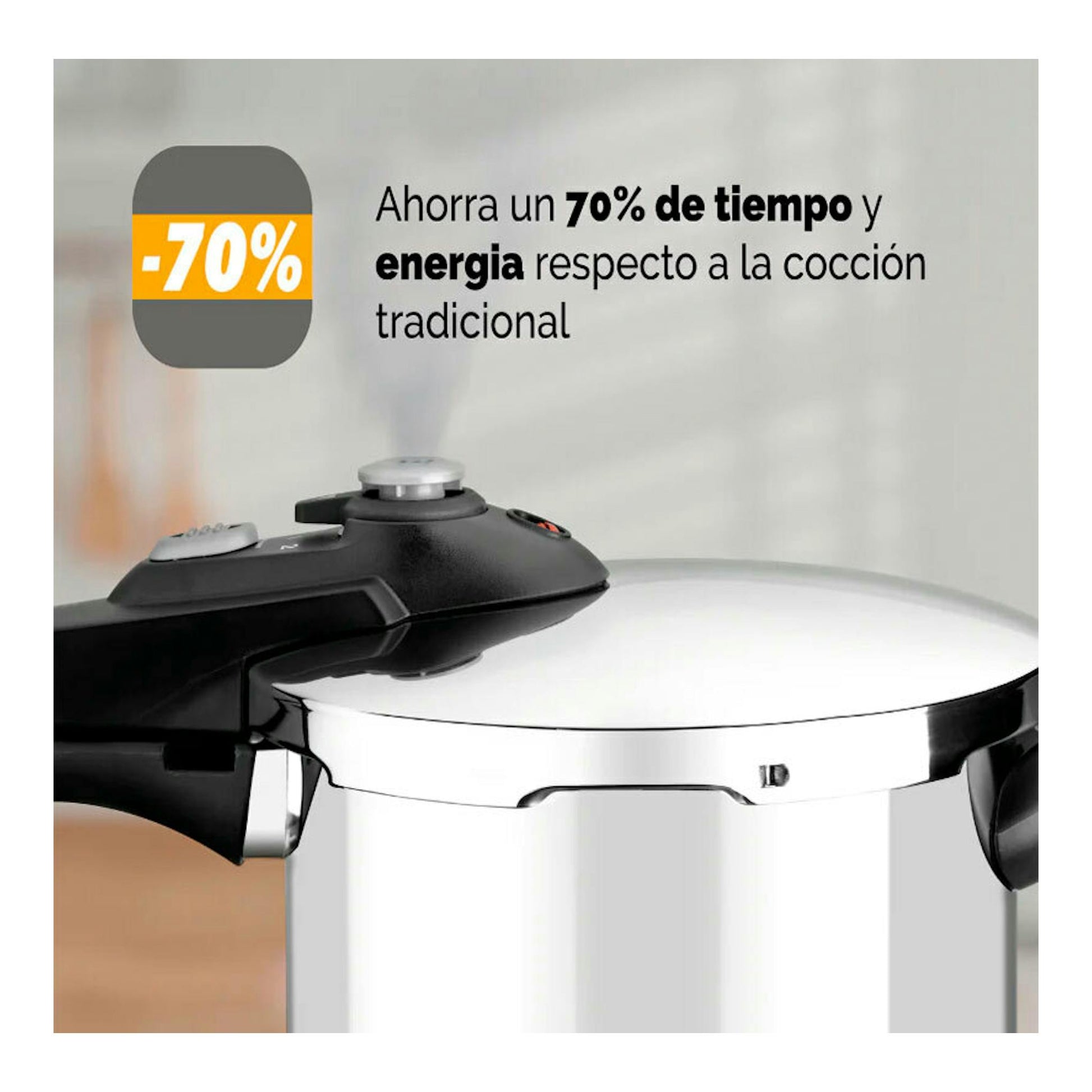 Olla rápida Bra Vitesse 4L de acero inoxidable, vista en primer plano con tapa negra.