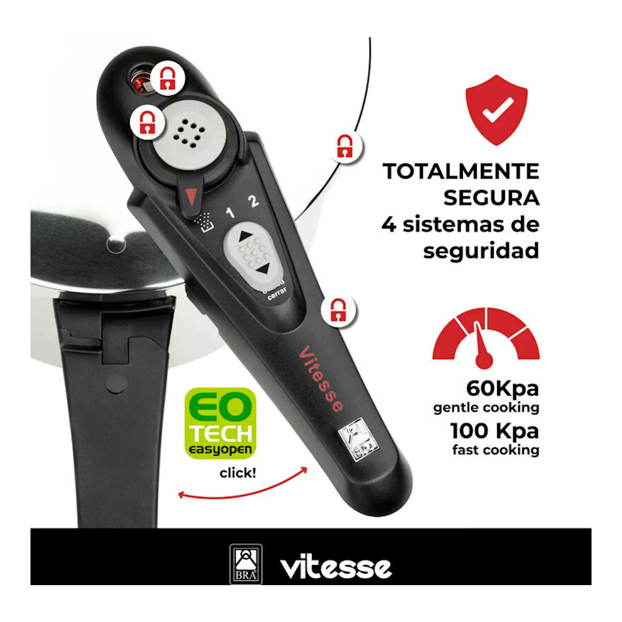Olla rápida Bra Vitesse negra, detalle del asa con 4 sistemas de seguridad.