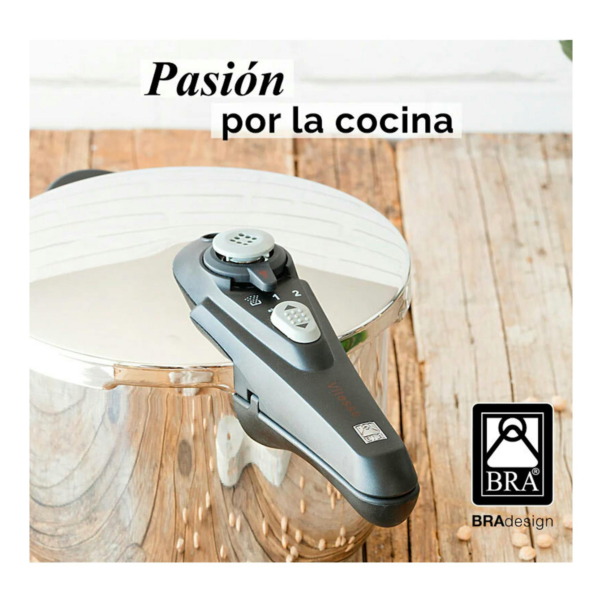Olla rápida BRA Vitesse 9L de acero inoxidable, vista superior, con tapa y mango negro.
