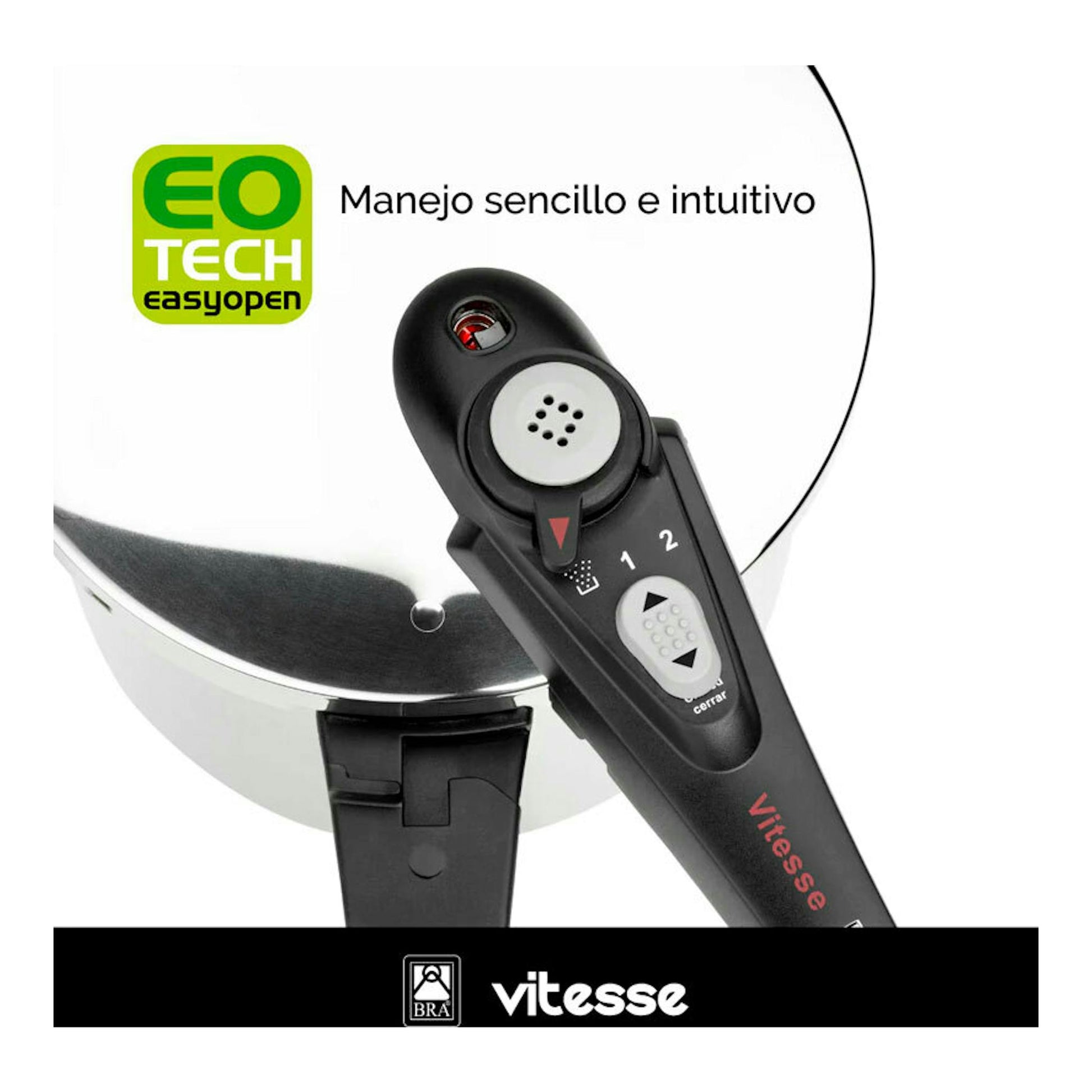 Bra Vitesse: primer plano de la tapa y el mango de una olla rápida negra y blanca, con selector de cierre.