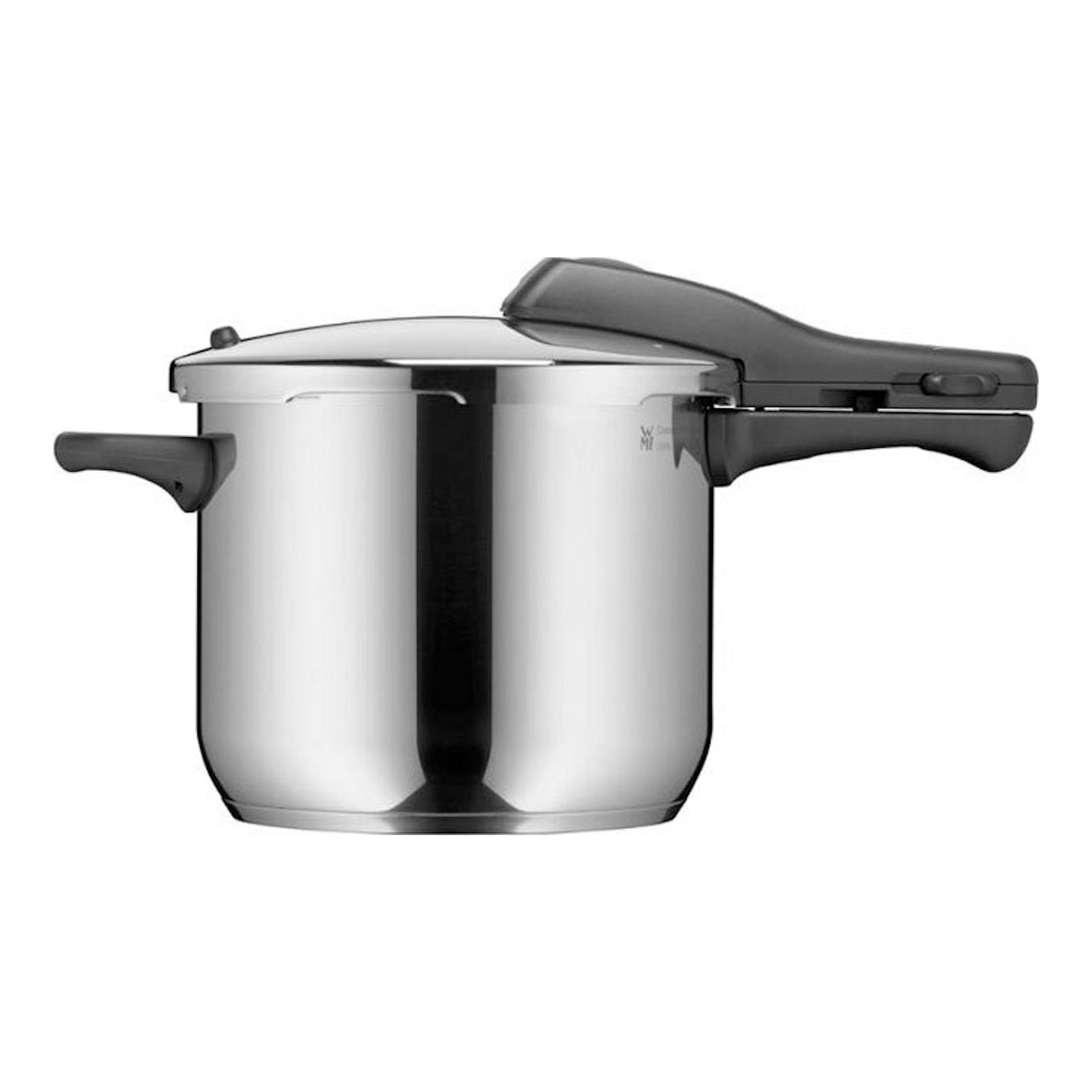 Olla rápida WMF Perfect de acero inoxidable, vista lateral, con tapa y asas negras.