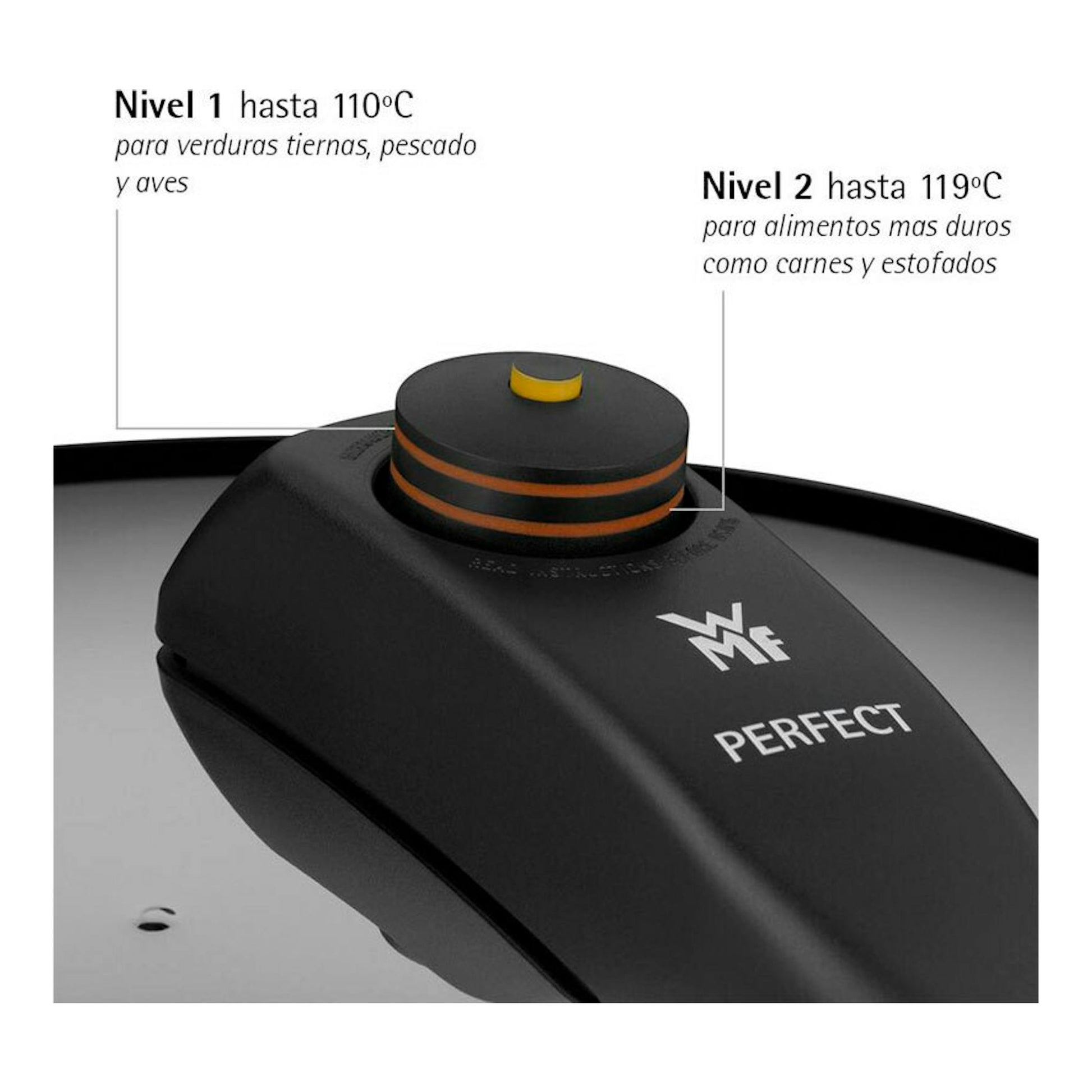 Detalle de la tapa de la olla rápida WMF Perfect negra, con válvula y niveles 1 y 2 de cocción.