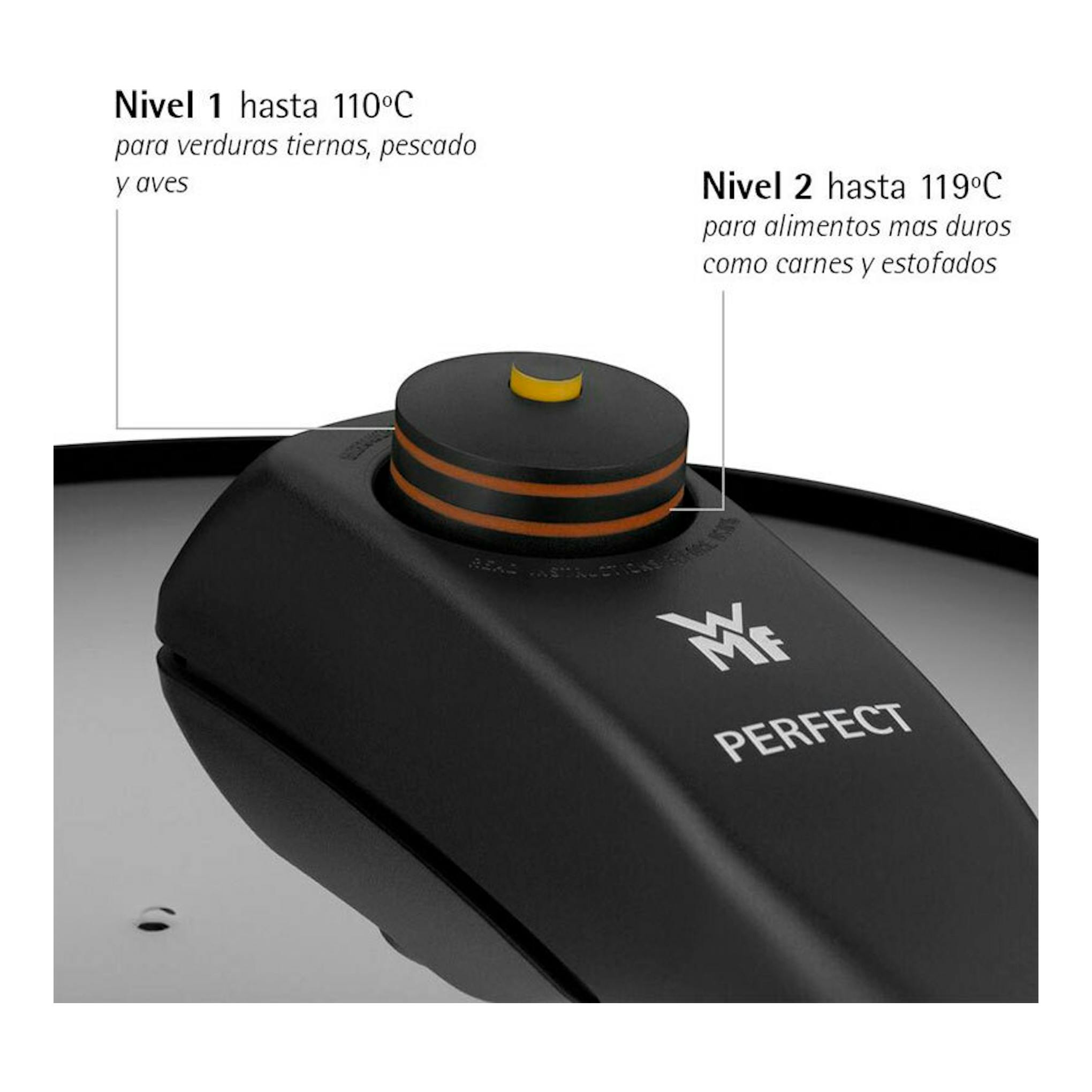 Detalle de la tapa de la olla rápida WMF Perfect negra, con válvula y niveles 1 y 2 de cocción.