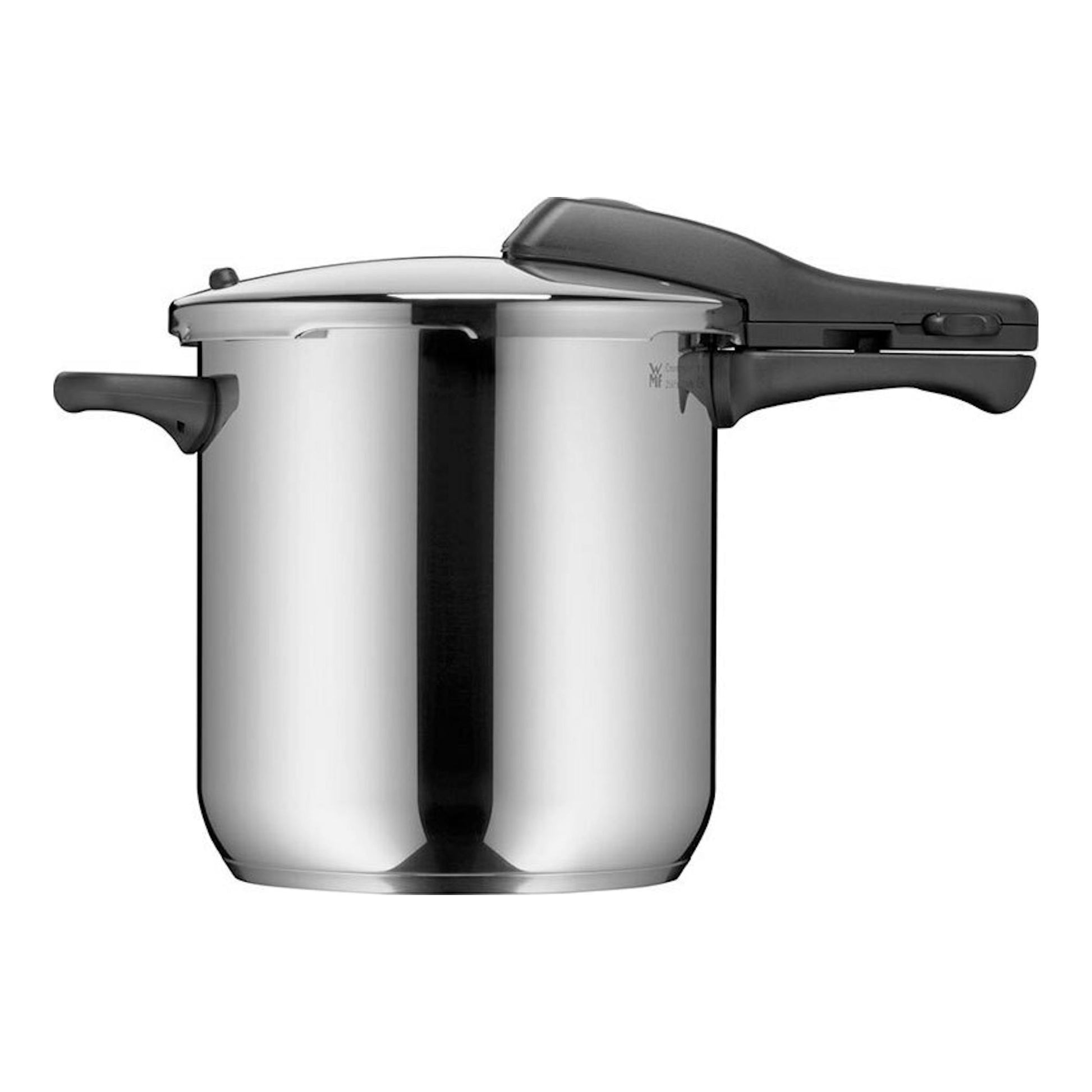 Olla rápida WMF Perfect de acero inoxidable, vista frontal, con tapa y asas negras.