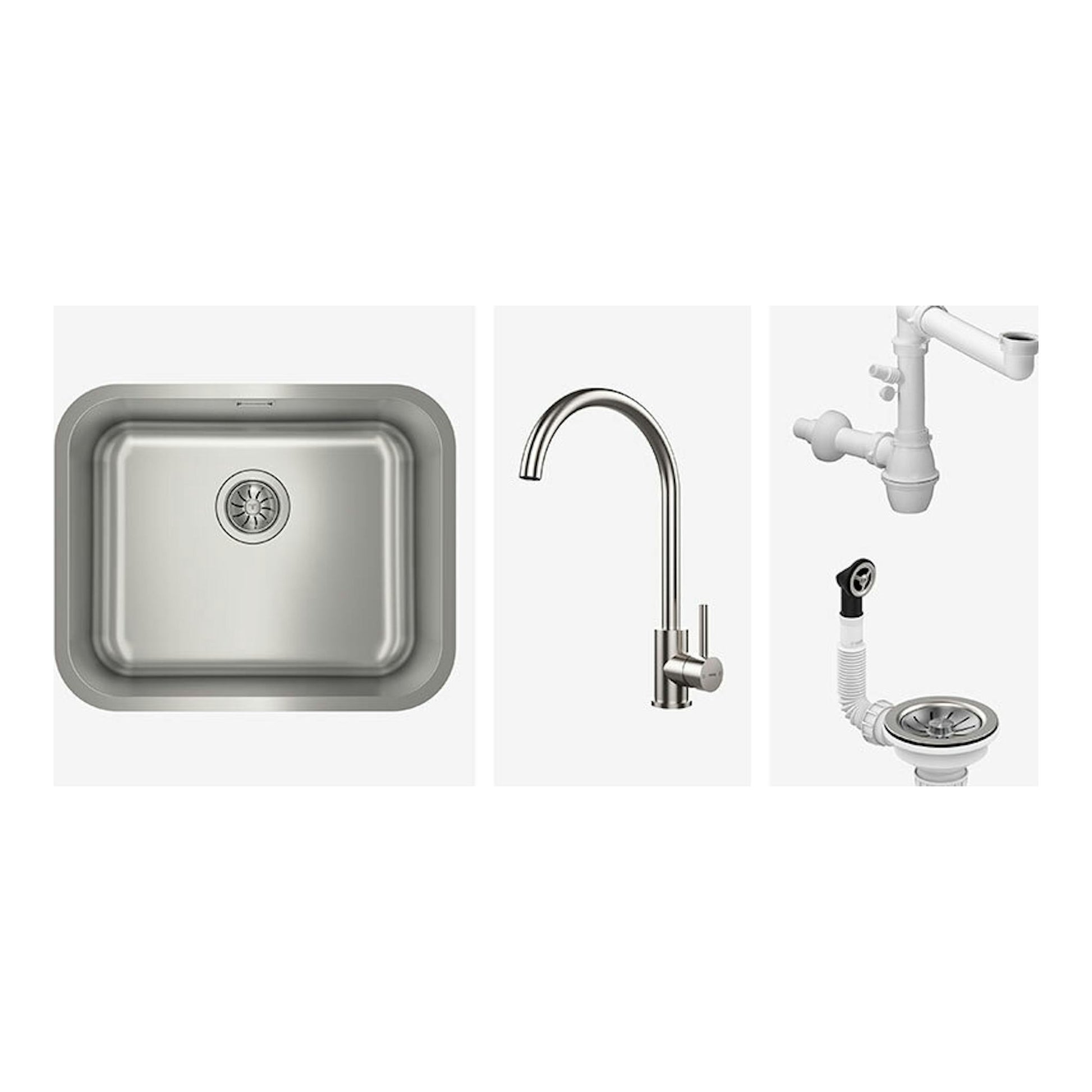 Pack TekaWay BET5040 Plus UNI931: fregadero cuadrado inox, grifo cromado y desagüe vistos de frente.