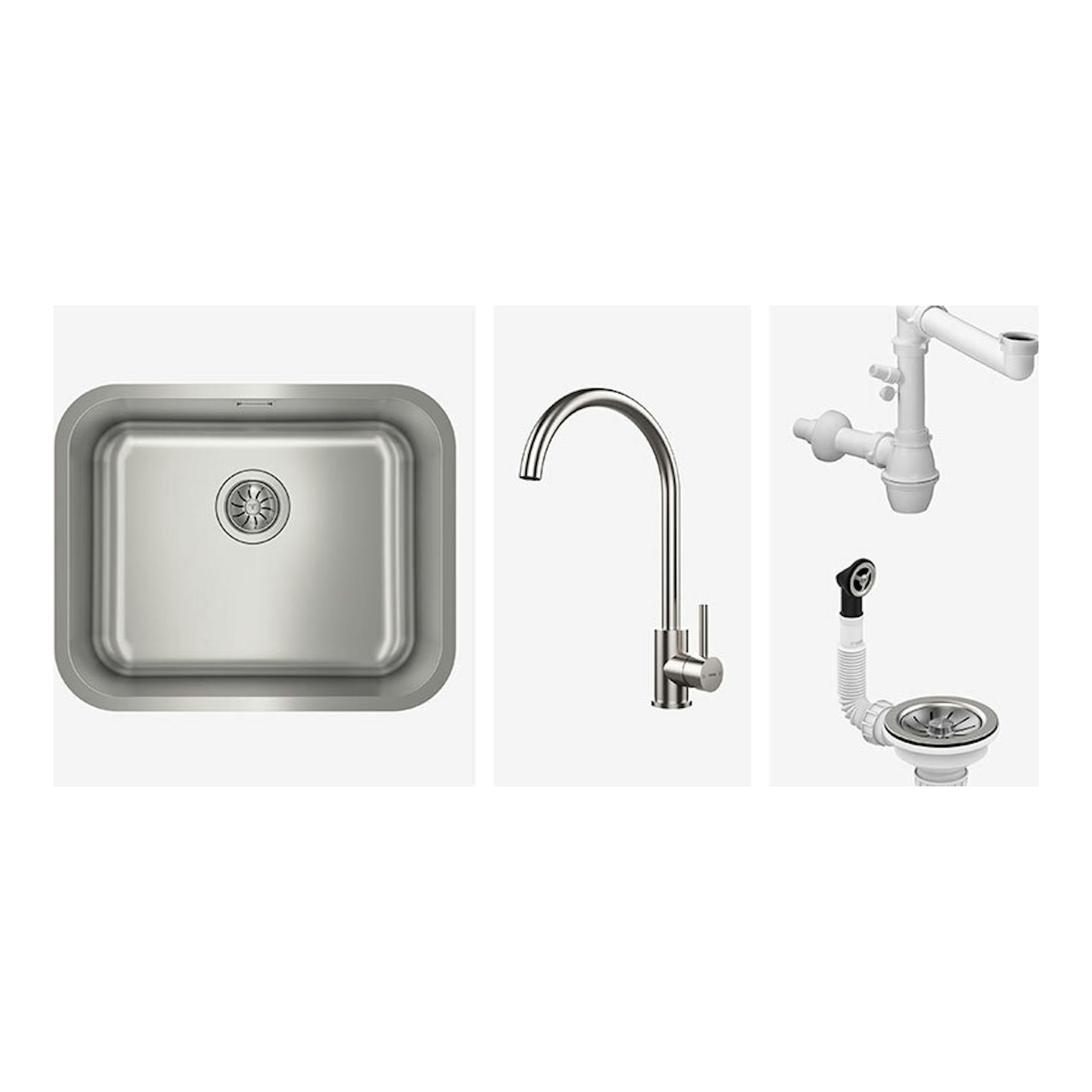 Pack TekaWay BET5040 Plus UNI931: fregadero cuadrado inox, grifo cromado y desagüe vistos de frente.