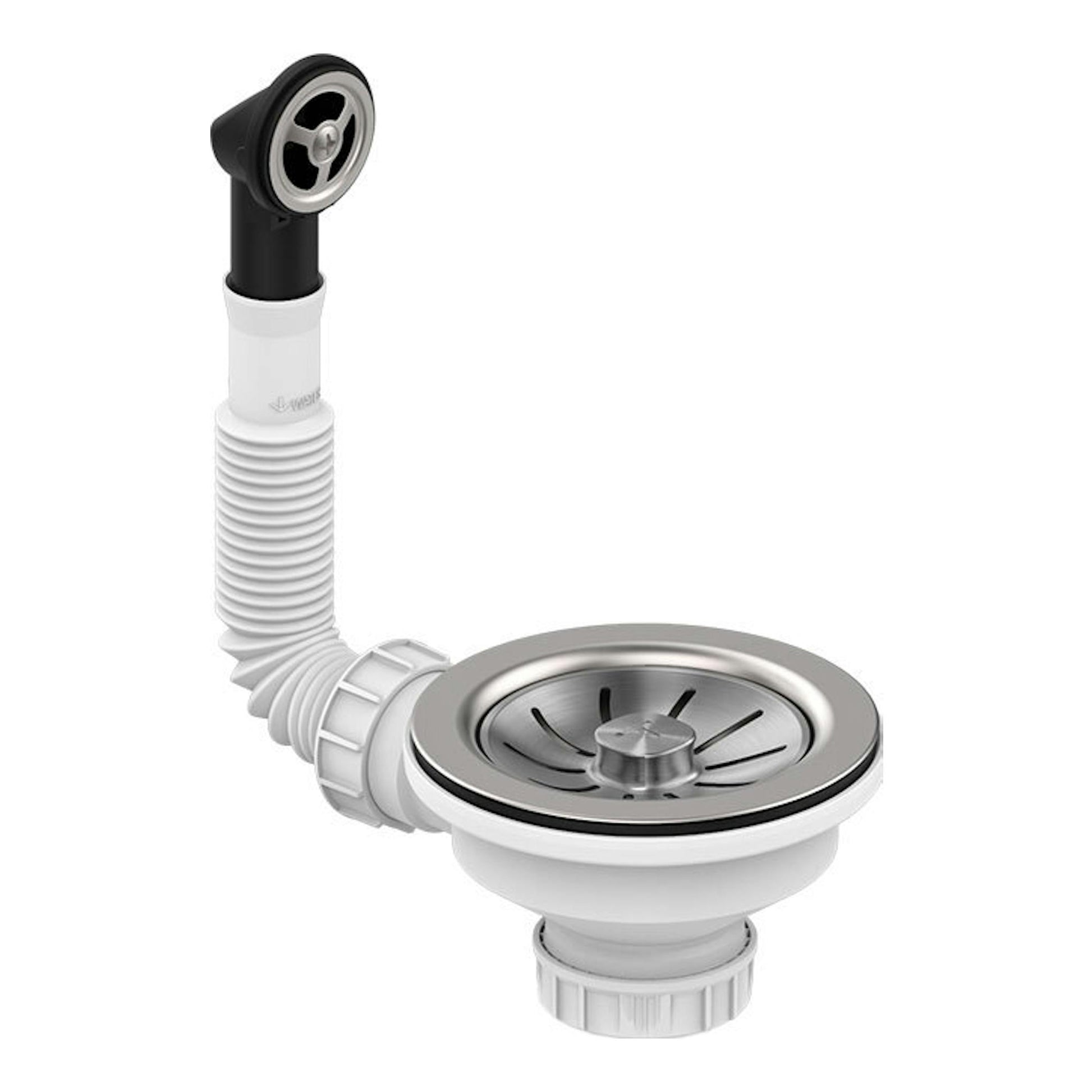 TekaWay BET5040 Plus UNI931: desagüe de fregadero blanco y acero, vista frontal, con tubo flexible negro.