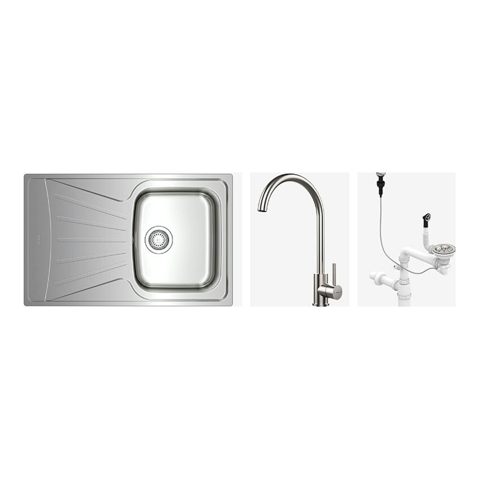 Pack TekaWay Starbright45 1C1E U: fregadero inox gris, grifo curvo y sifón, vista frontal.