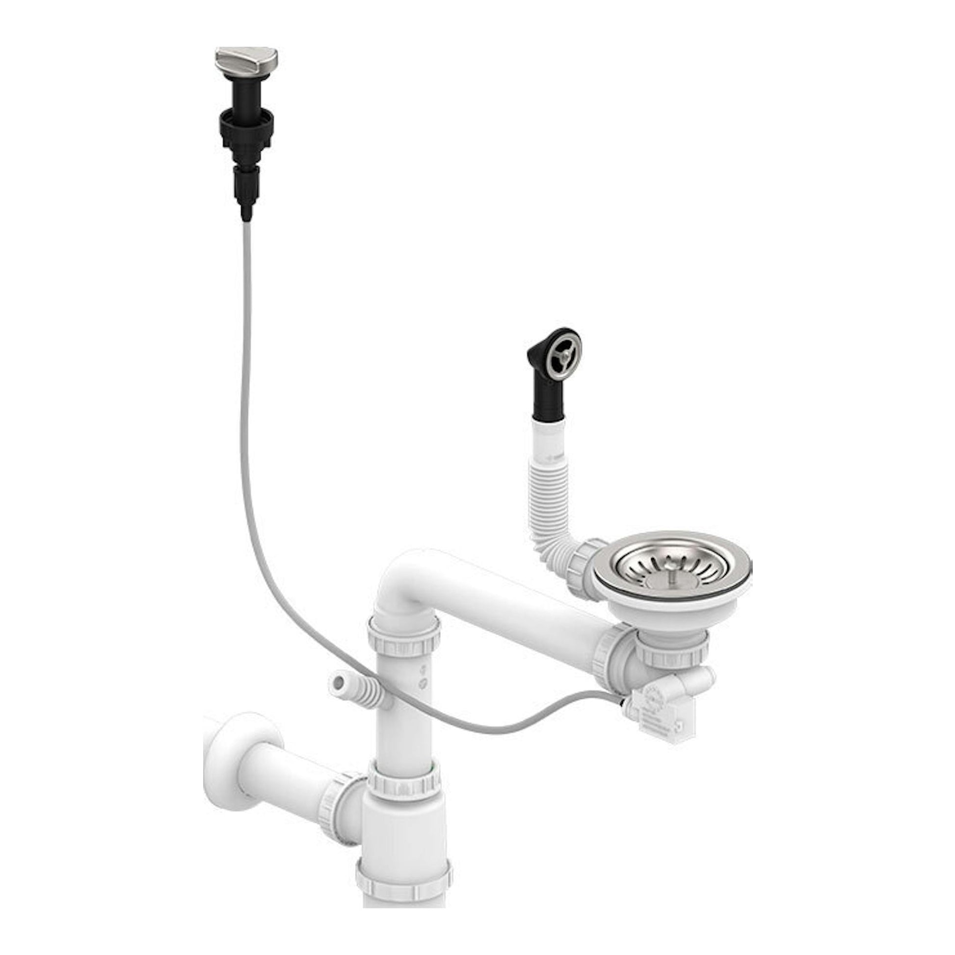 Pack fregadero y grifo TekaWay Starbright45 1C1E U, vista frontal de desagüe y tuberías en blanco y gris