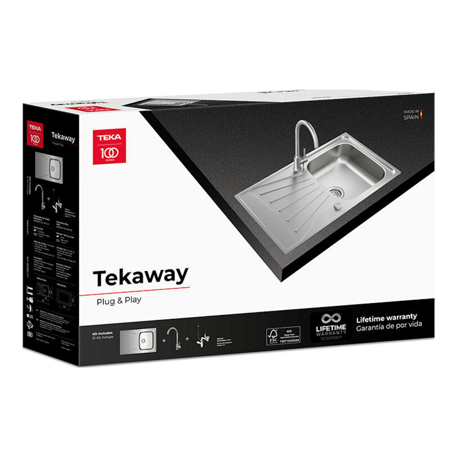 Caja de pack fregadero y grifo Teka TekaWay Starbright45 1C1E U, en perspectiva, blanco y negro.