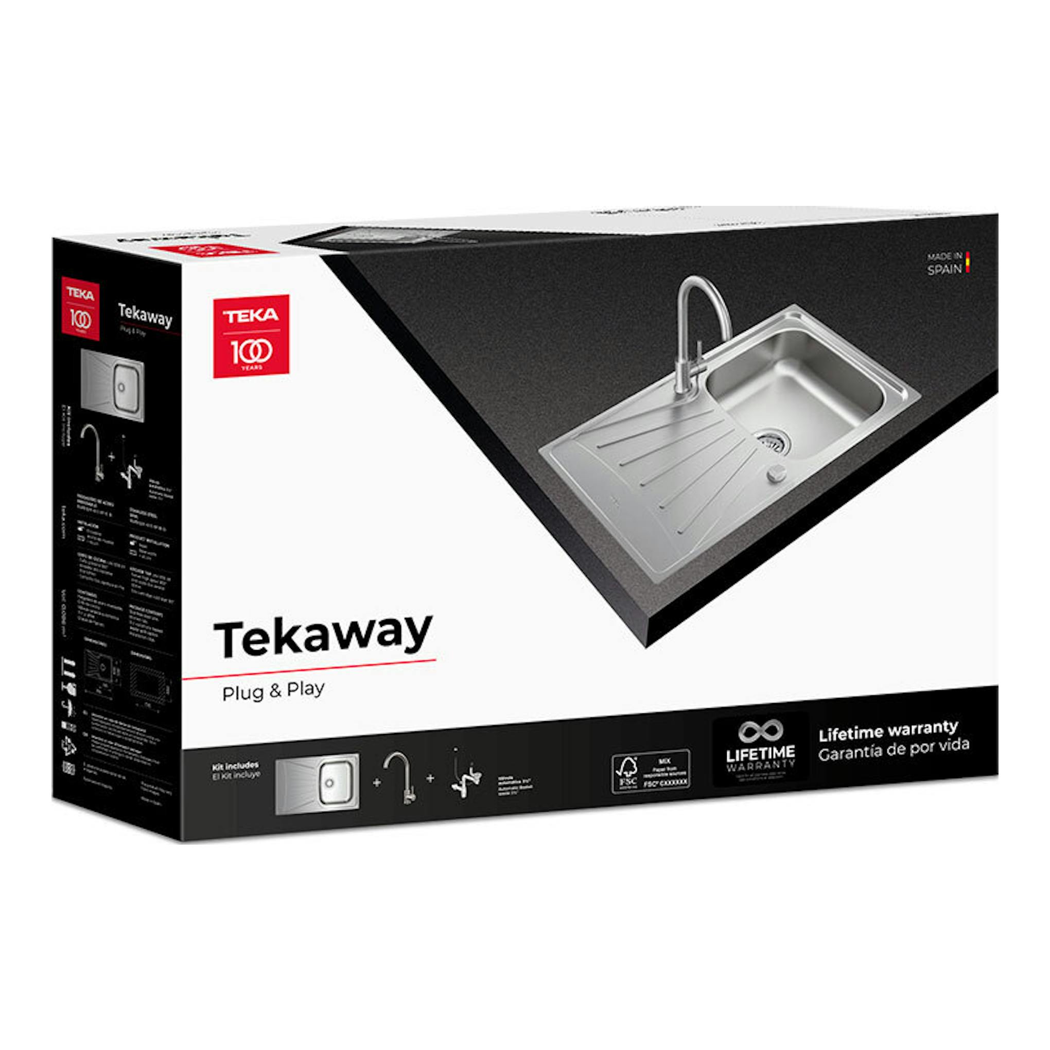 Caja de pack fregadero y grifo Teka TekaWay Starbright45 1C1E U, en perspectiva, blanco y negro.