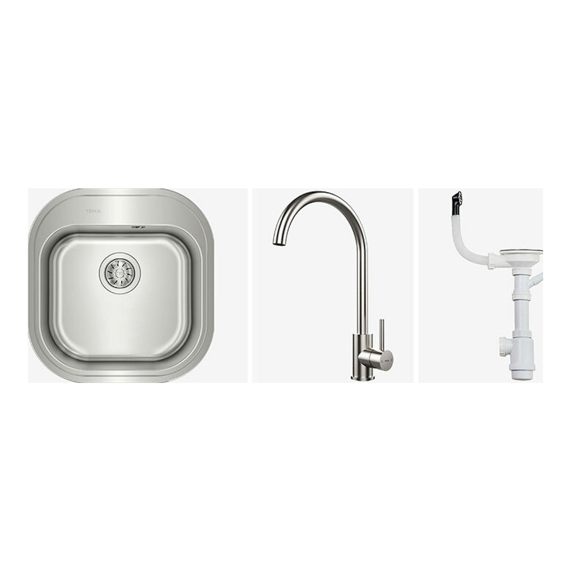 TekaWay Stylo 1C UNI9310XP: fregadero visto desde arriba, grifo cromado curvo y kit de desagüe blanco.