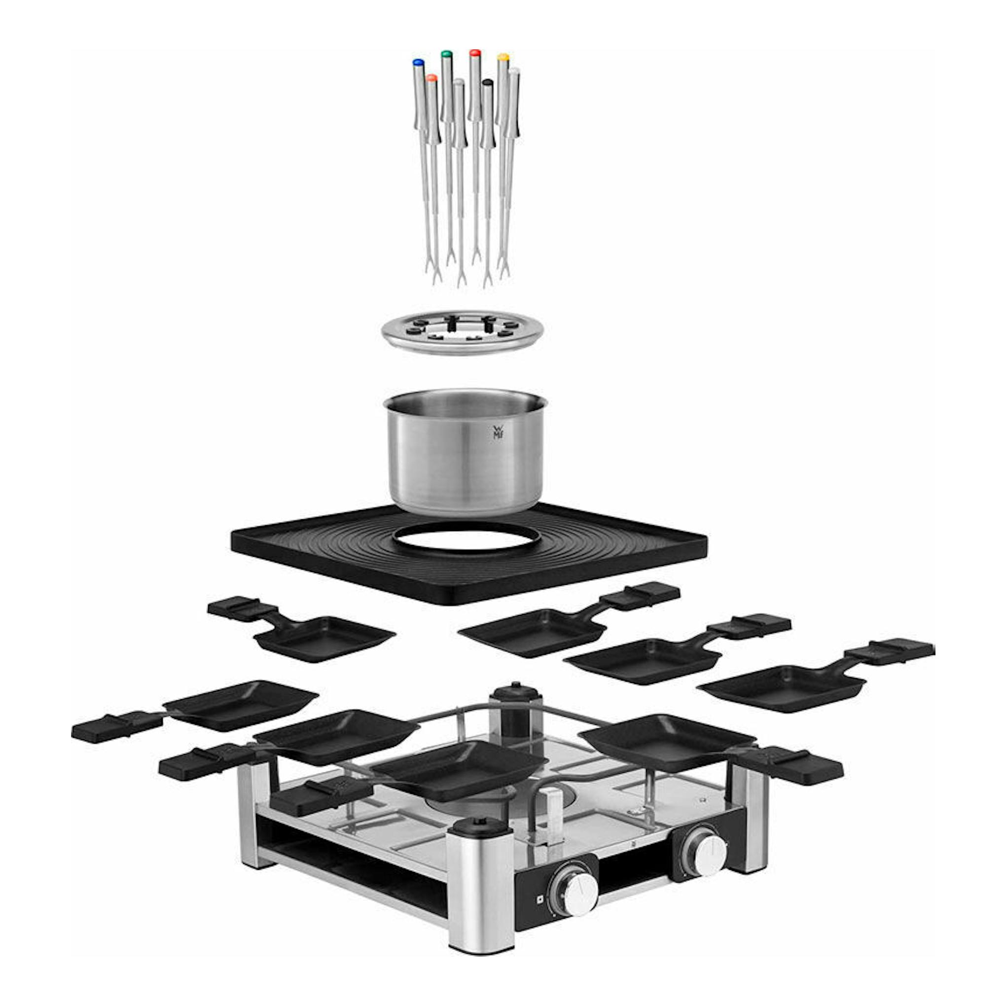 Vista explosionada de la parrilla grill WMF Gourmet, negra y plateada, con accesorios y ollas.