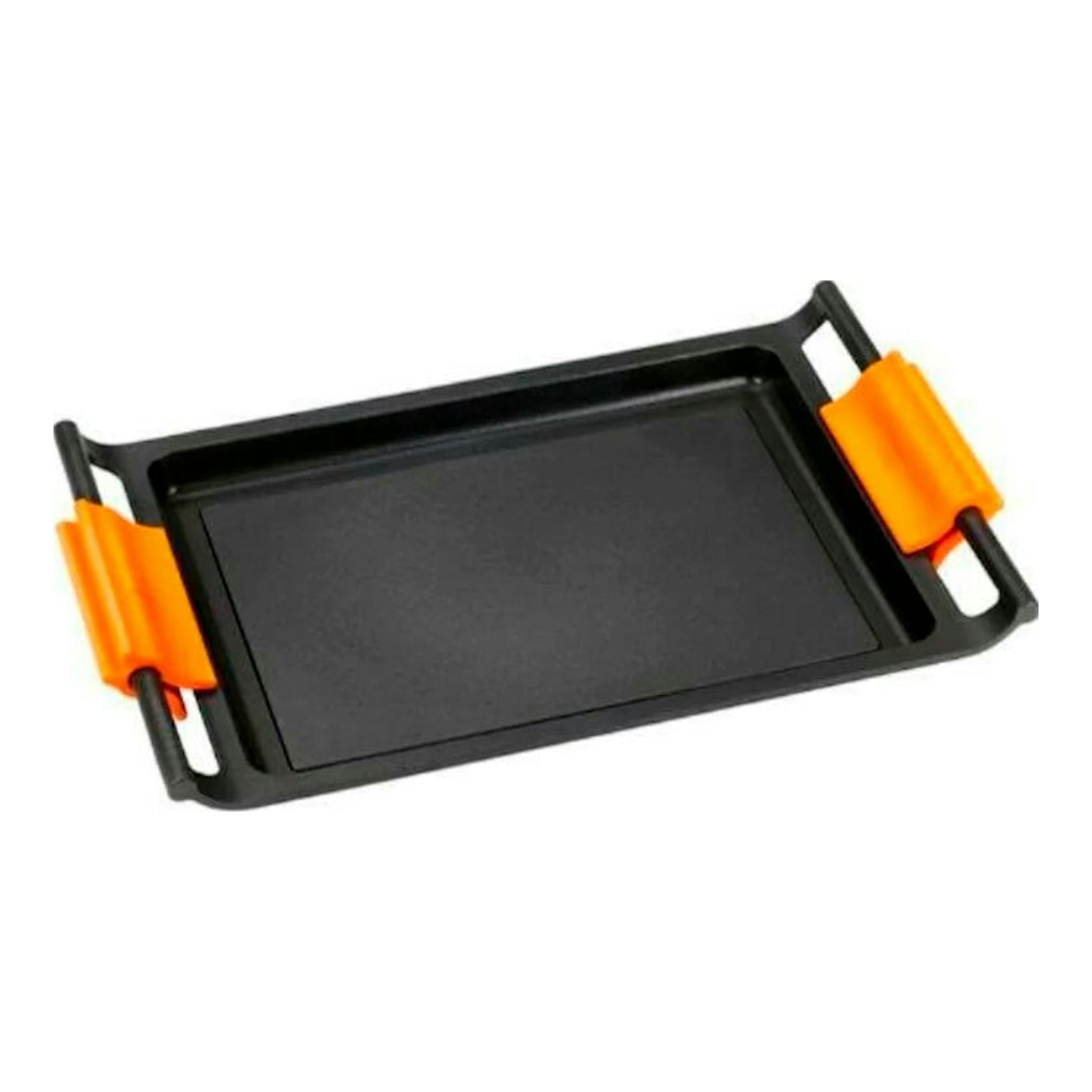 Parrilla plana Bra Efficient negra, vista cenital inclinada, con asas naranjas de silicona.