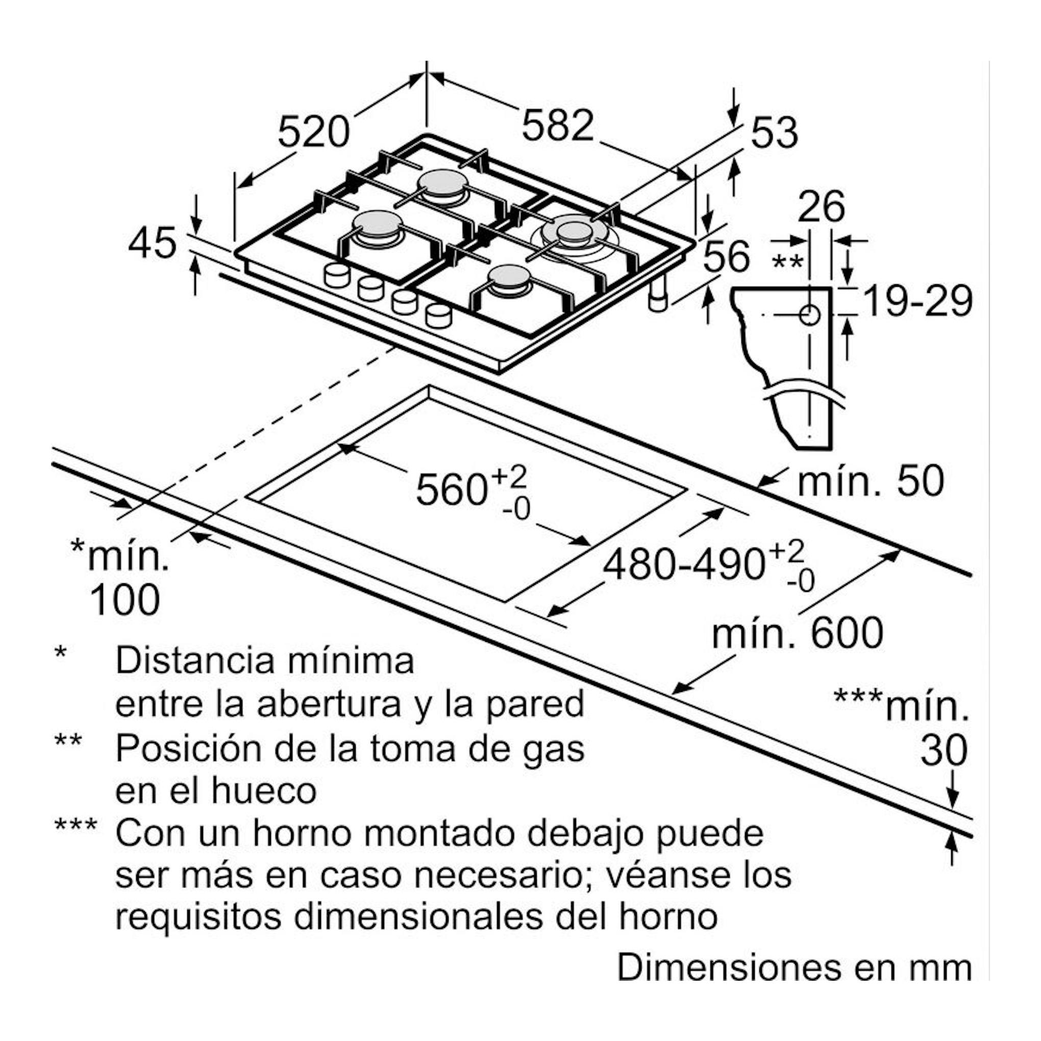 Balay 3ETX565CB: esquema técnico de placa de gas en acero, vista superior con medidas de instalación.