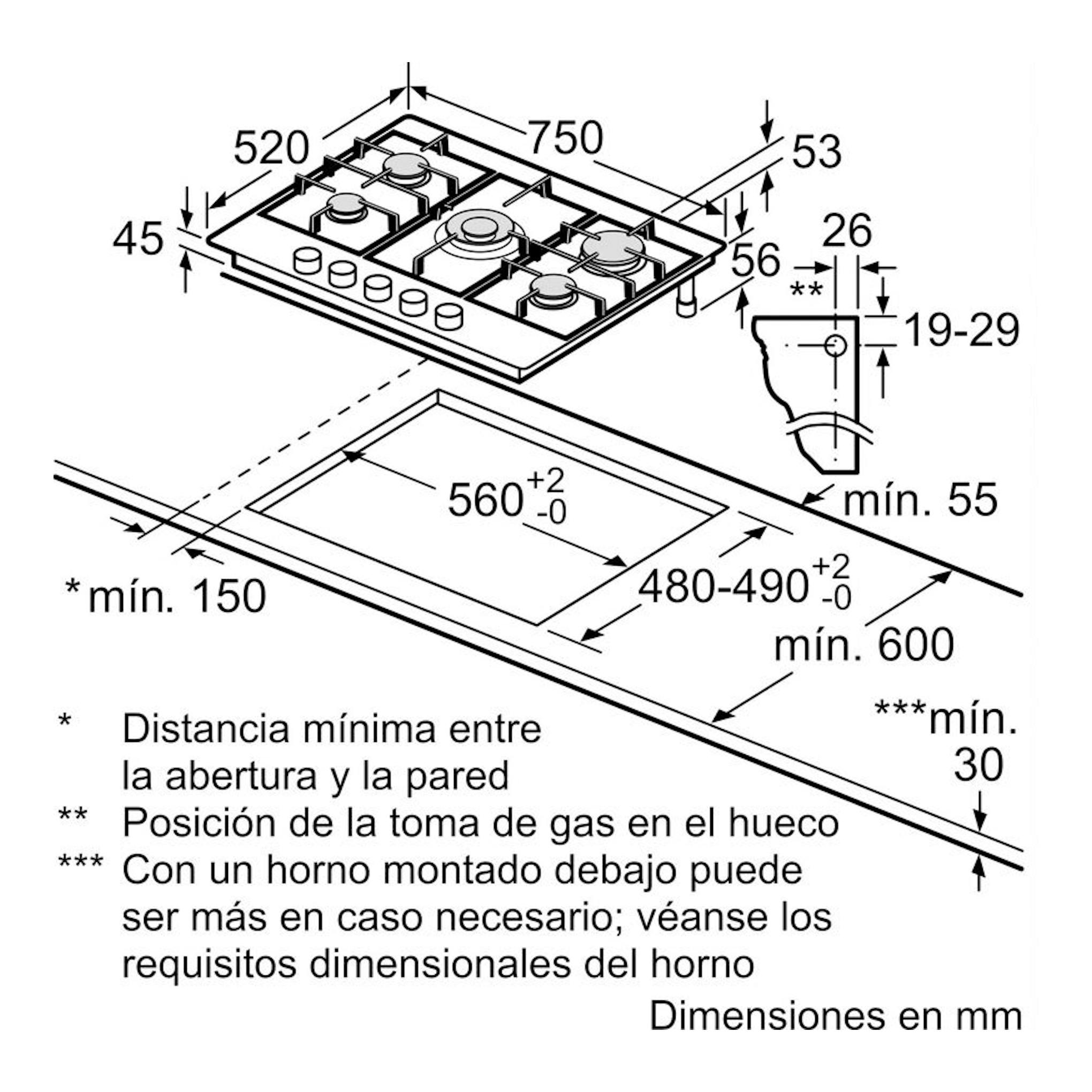 Balay 3ETX576CB, placa de gas en perspectiva con esquema técnico de medidas y hueco de instalación.