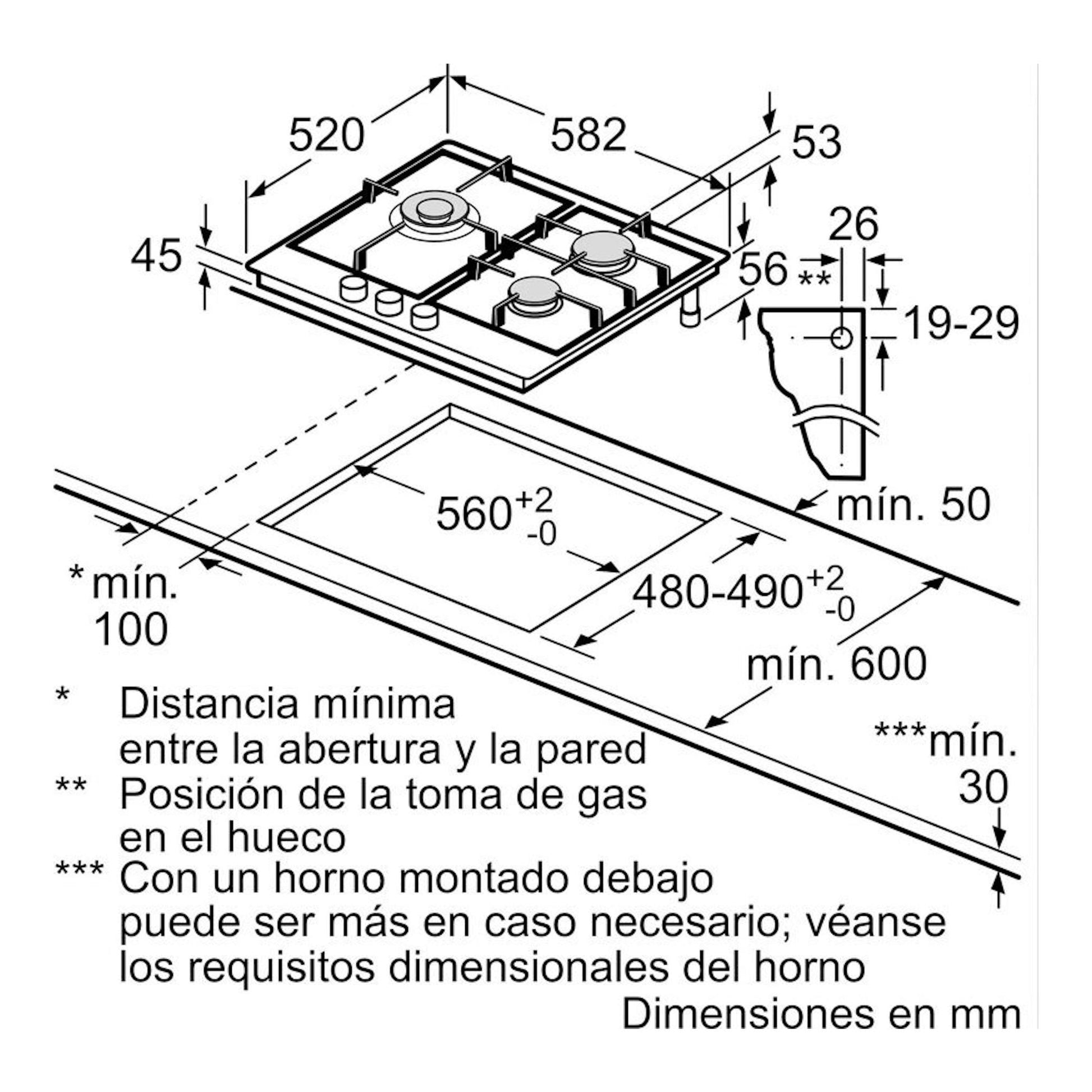 Esquema técnico en blanco y negro de la Bosch PCC6A5I90, placa de gas de 60 cm, con medidas de instalación.