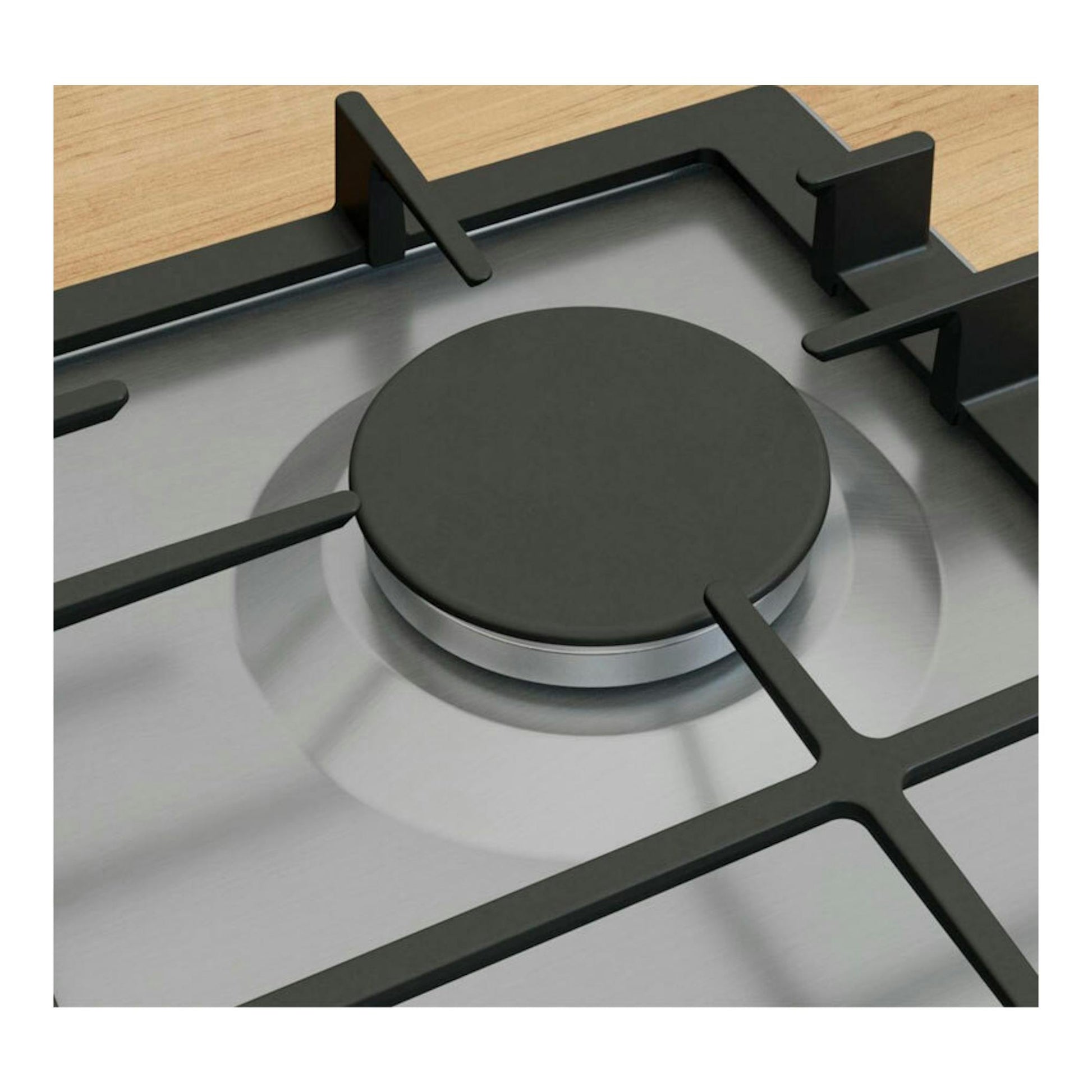 Bosch PCP6A5I90: placa de gas de acero inoxidable, vista en ángulo con quemador y rejillas negras.