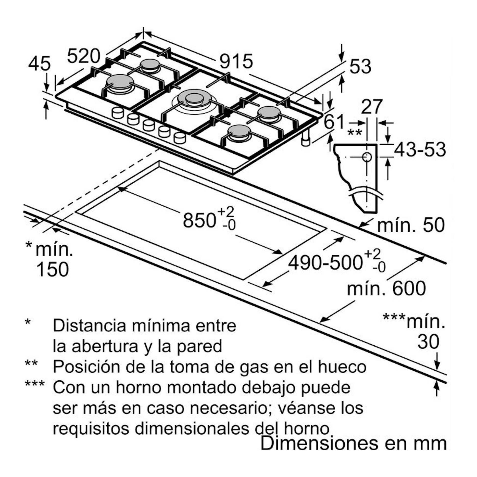 Bosch PCR9A5I90: esquema técnico en vista isométrica de placa de gas de 90 cm con medidas de instalación.