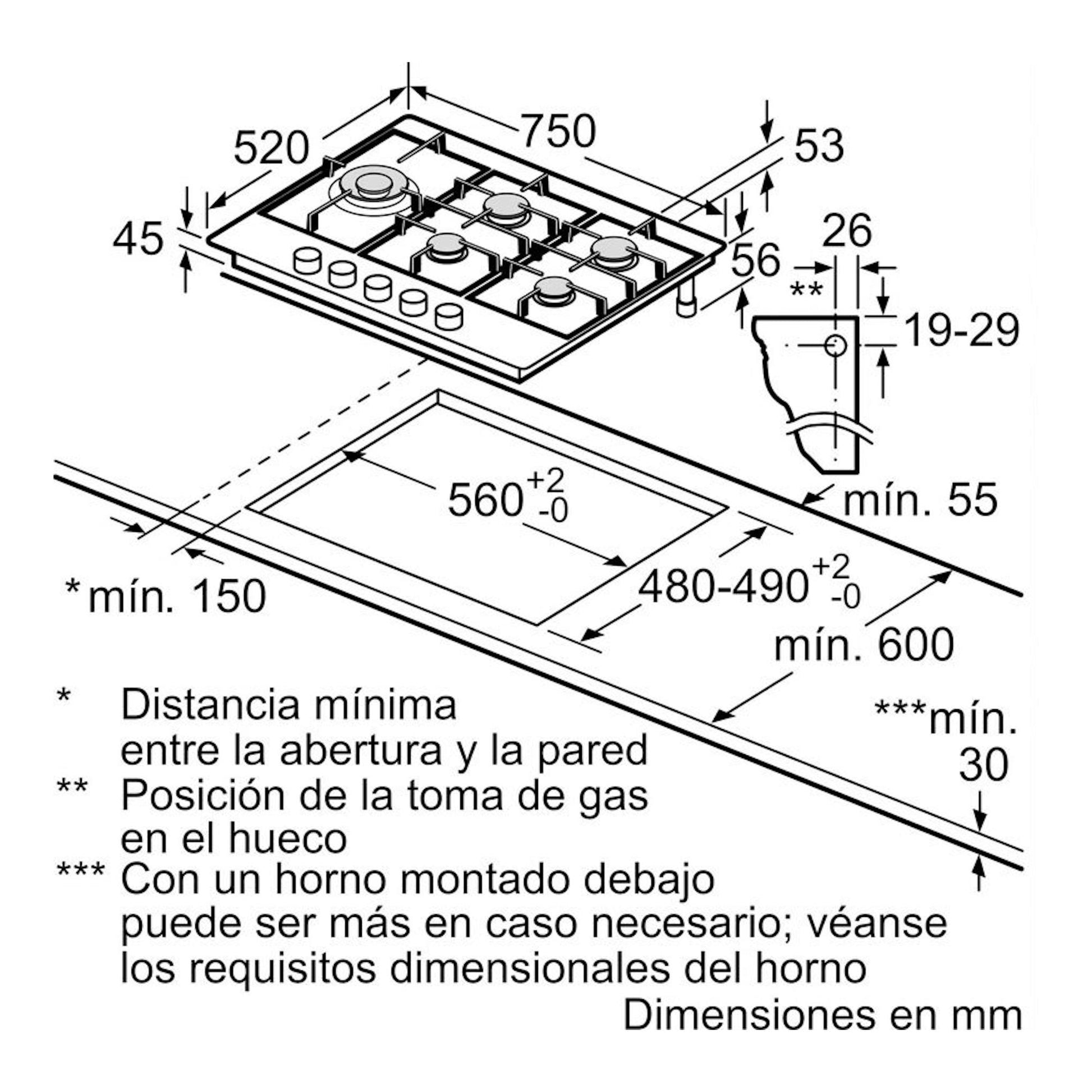 Bosch PCS7A5I90, esquema técnico de placa de gas de 75 cm con medidas de corte e instalación en mm.