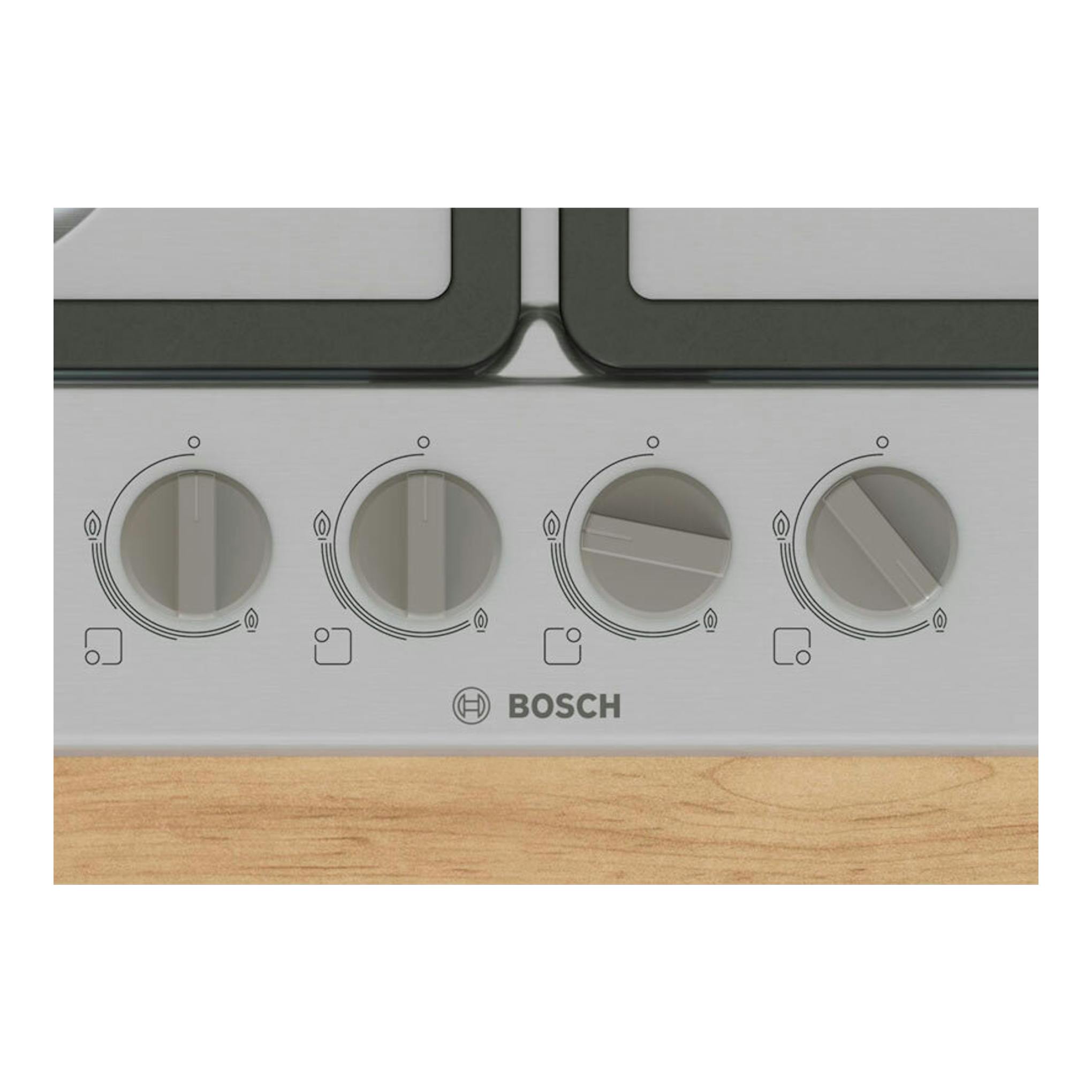 Placa de gas Bosch PGH6B5K90 en acero inoxidable, vista frontal de los mandos.