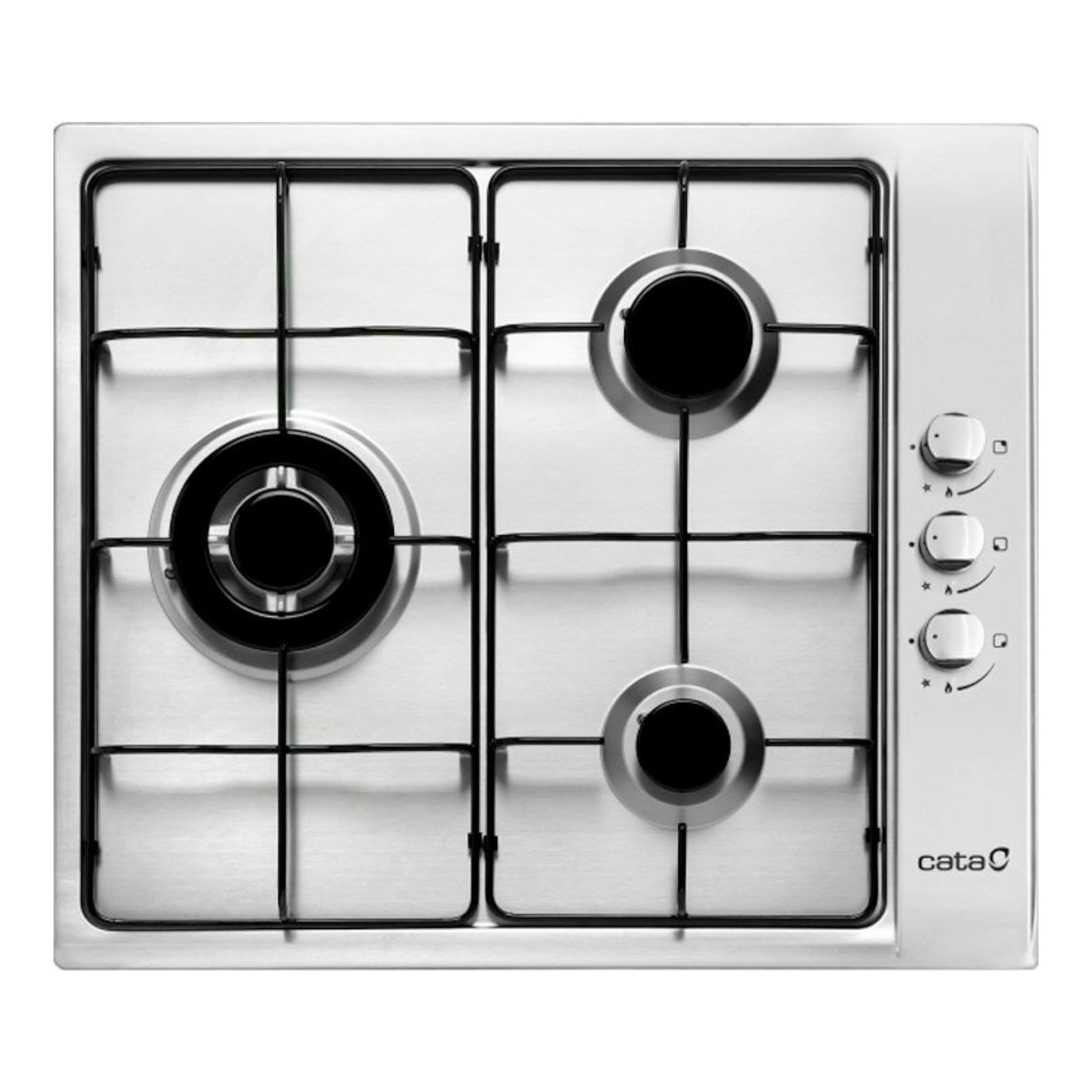 Placa de gas Cata GI6021X de acero inoxidable, vista superior, cuatro fuegos y mandos laterales.