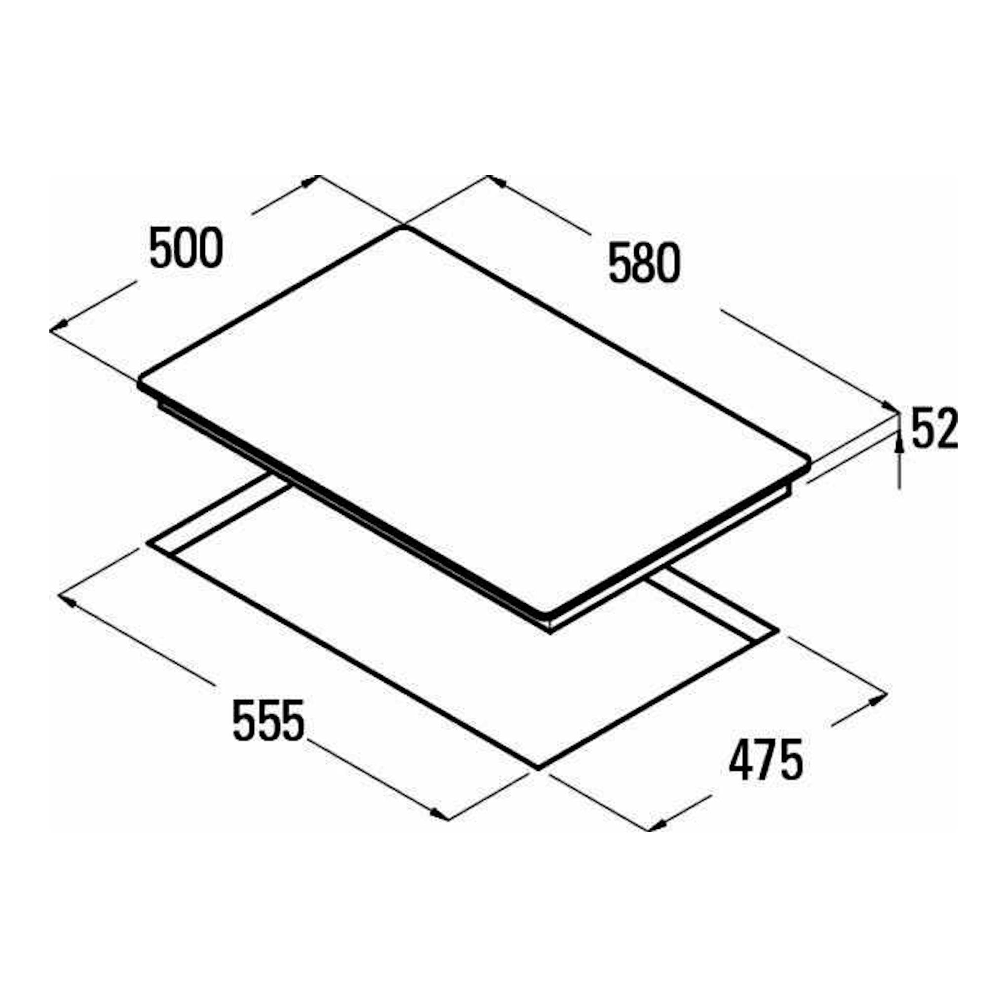 Cata GI6021X, placa de acero inoxidable en vista isométrica con medidas 580 x 500 mm.