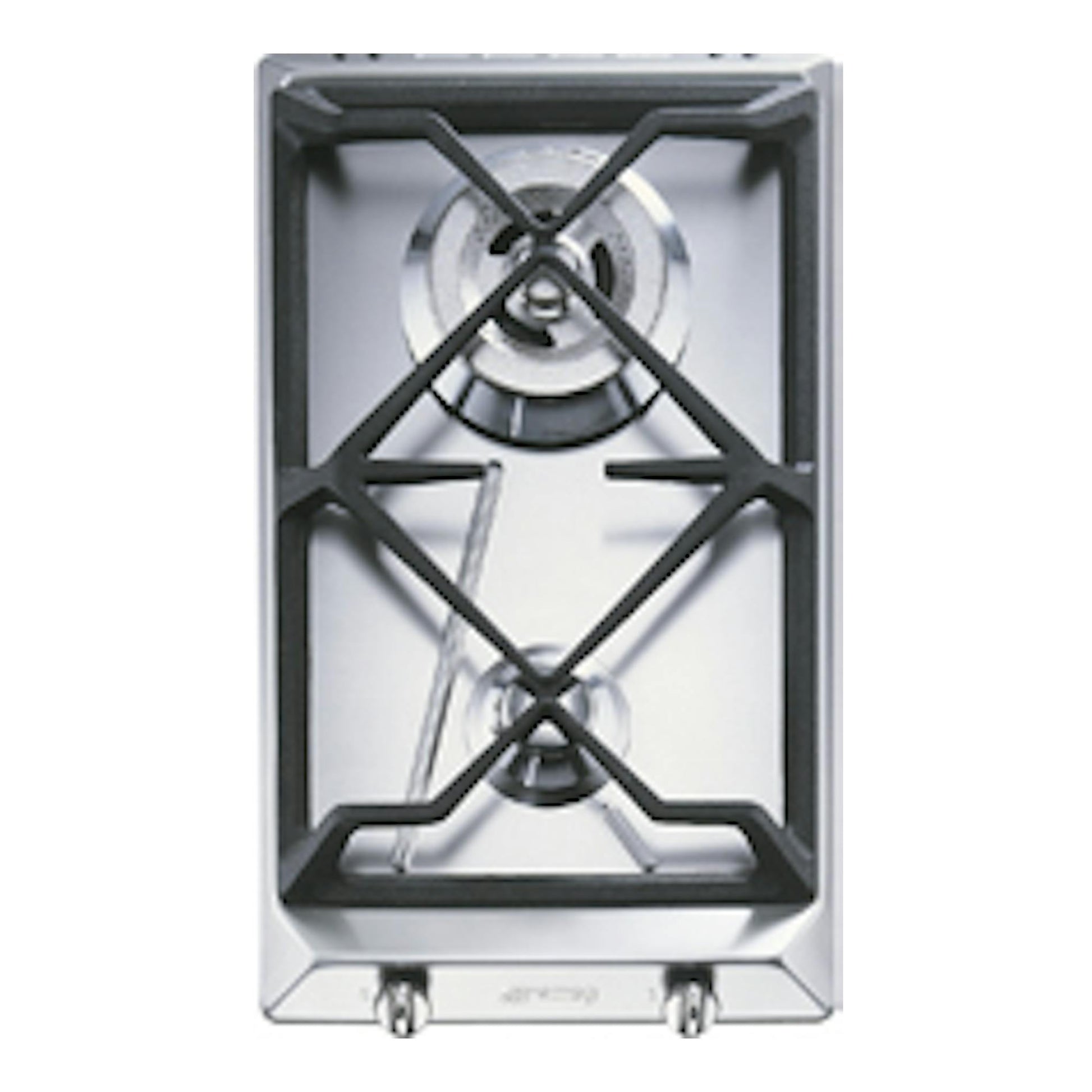 Placa de gas Smeg SRV532GH3 inox, vista cenital, 2 fuegos y parrillas negras.