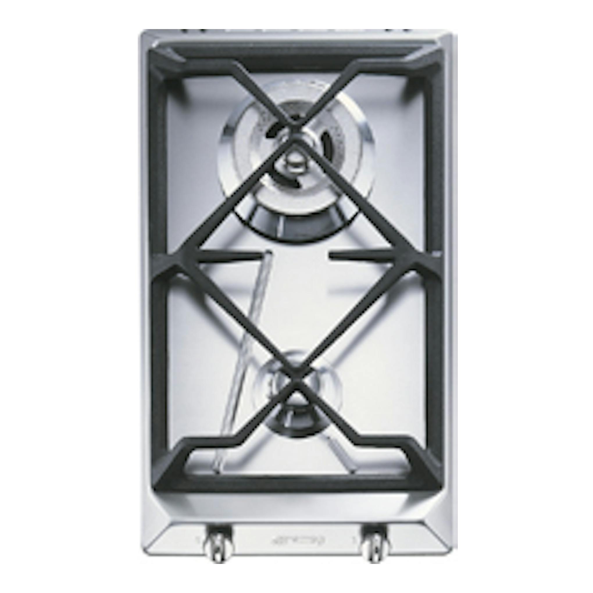 Placa de gas Smeg SRV532GH3 inox, vista cenital, 2 fuegos y parrillas negras.