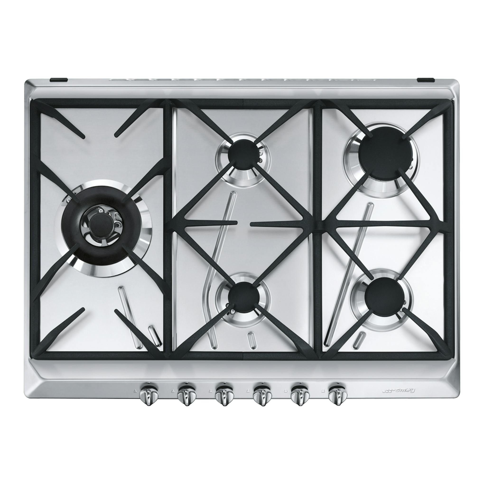 Placa de gas Smeg SRV575GH5 en acero inoxidable, vista superior, cinco quemadores y mandos frontales.