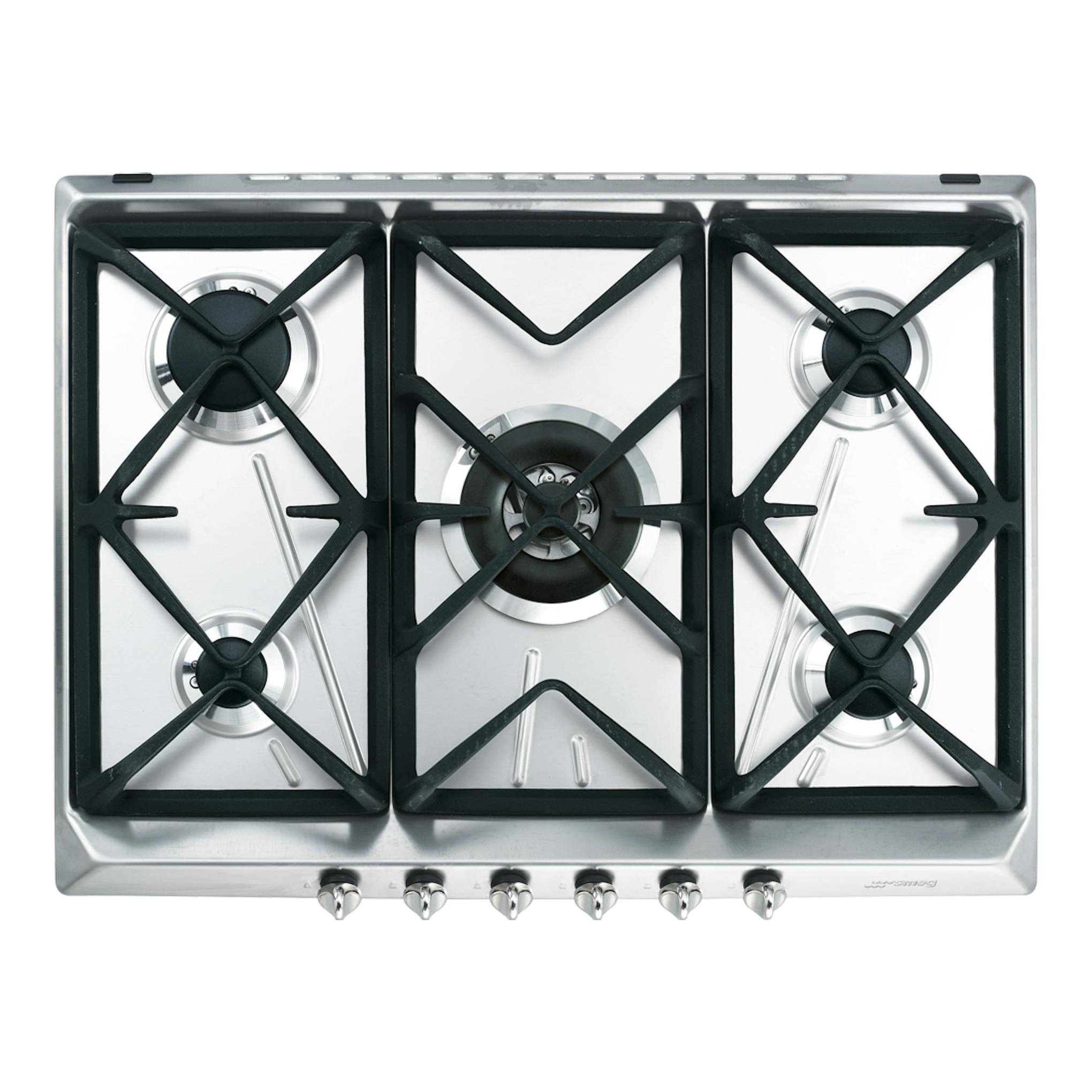 Placa de gas Smeg SRV576GH5 en acero inoxidable, vista superior, 5 fuegos y mandos frontales negros.