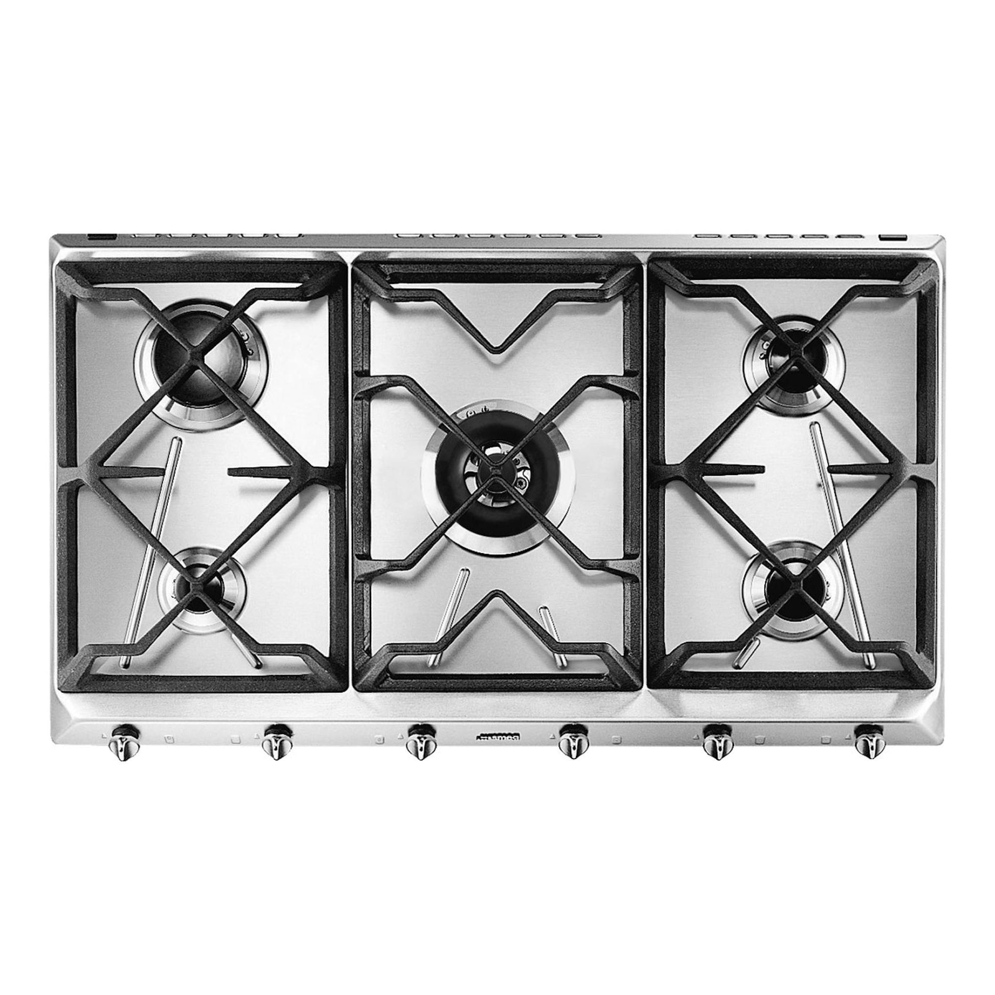 Placa de gas Smeg SRV596GH5 de acero inoxidable, vista frontal superior, con 5 quemadores y rejillas de hierro.
