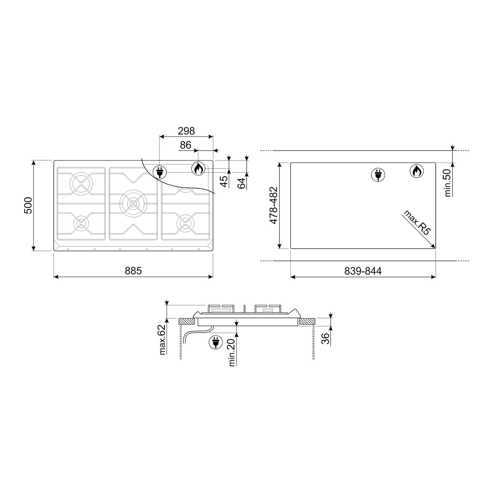 Diagrama técnico de la placa de gas Smeg SRV596GH5, vistas superior y lateral con medidas.
