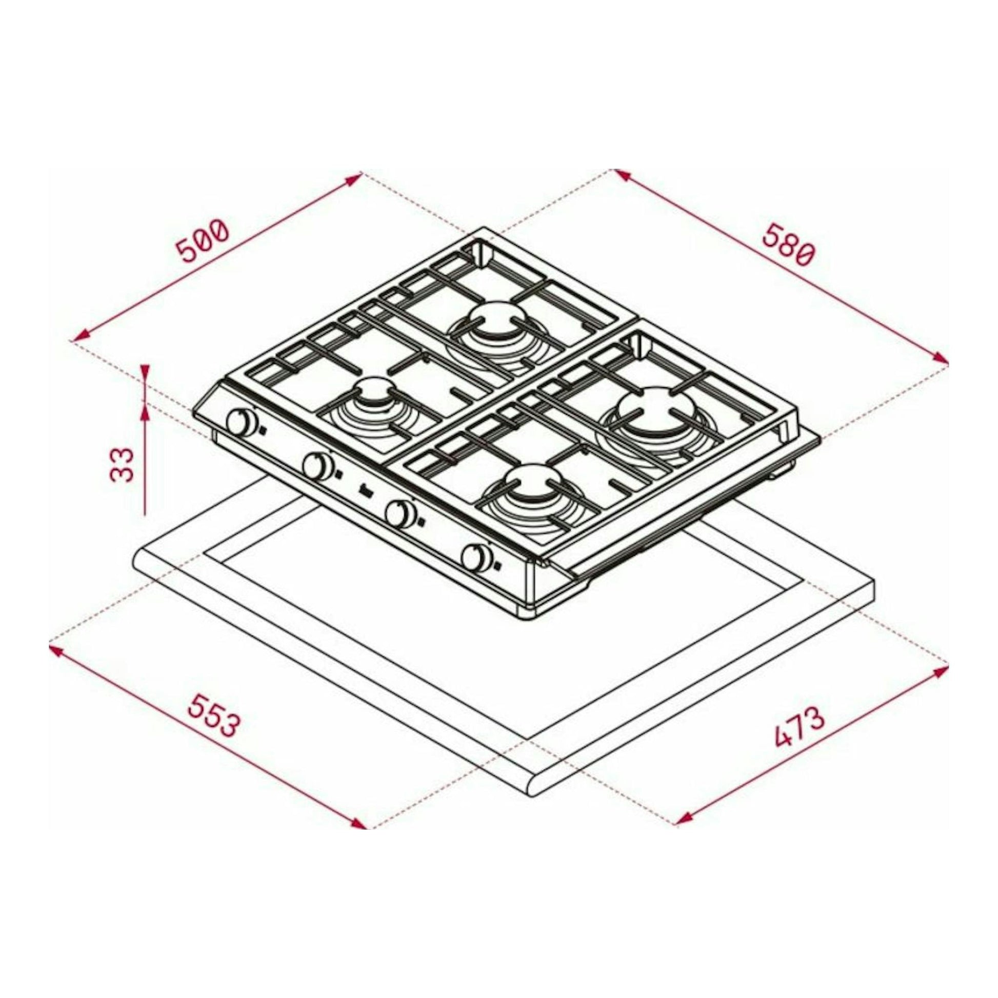 Esquema técnico de placa de gas Teka EX 60.1 4G, 4 fuegos inox, vista isométrica con medidas.