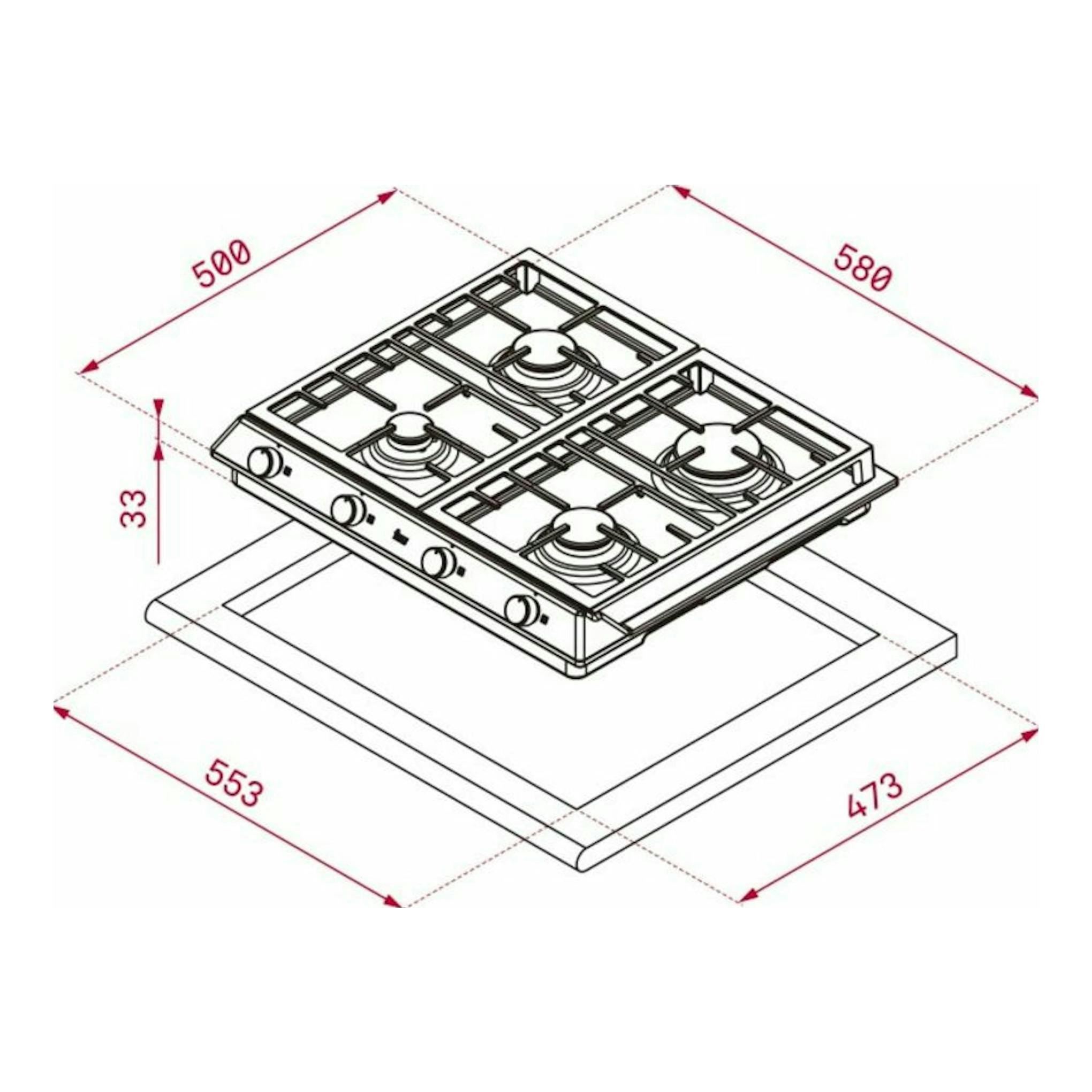Esquema técnico de placa de gas Teka EX 60.1 4G, 4 fuegos inox, vista isométrica con medidas.