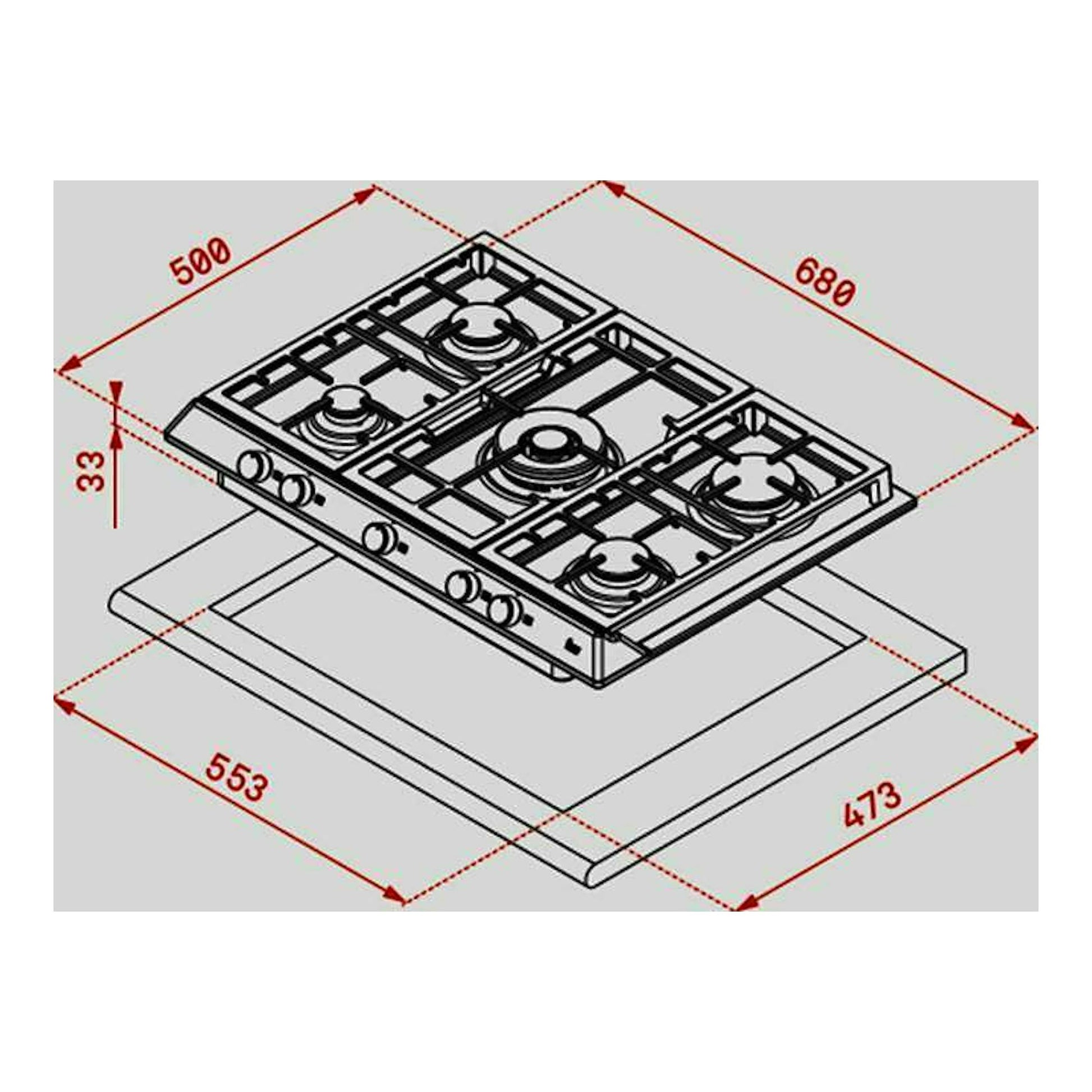 Placa de gas Teka EX 70.1 5G, vista isométrica, acero inoxidable, 5 quemadores y medidas de instalación.