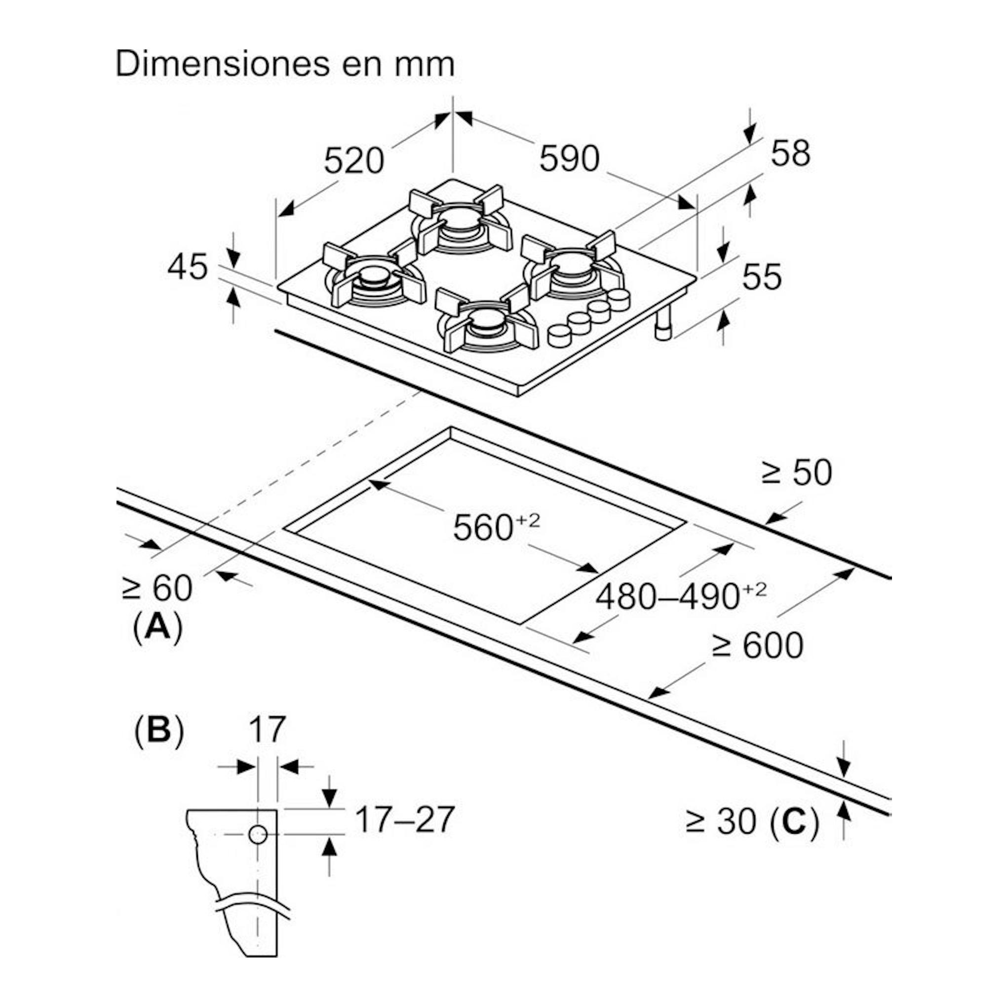 Balay 3ETG464SB: esquema técnico de placa de gas negra de 60 cm, vista superior con dimensiones de instalación.