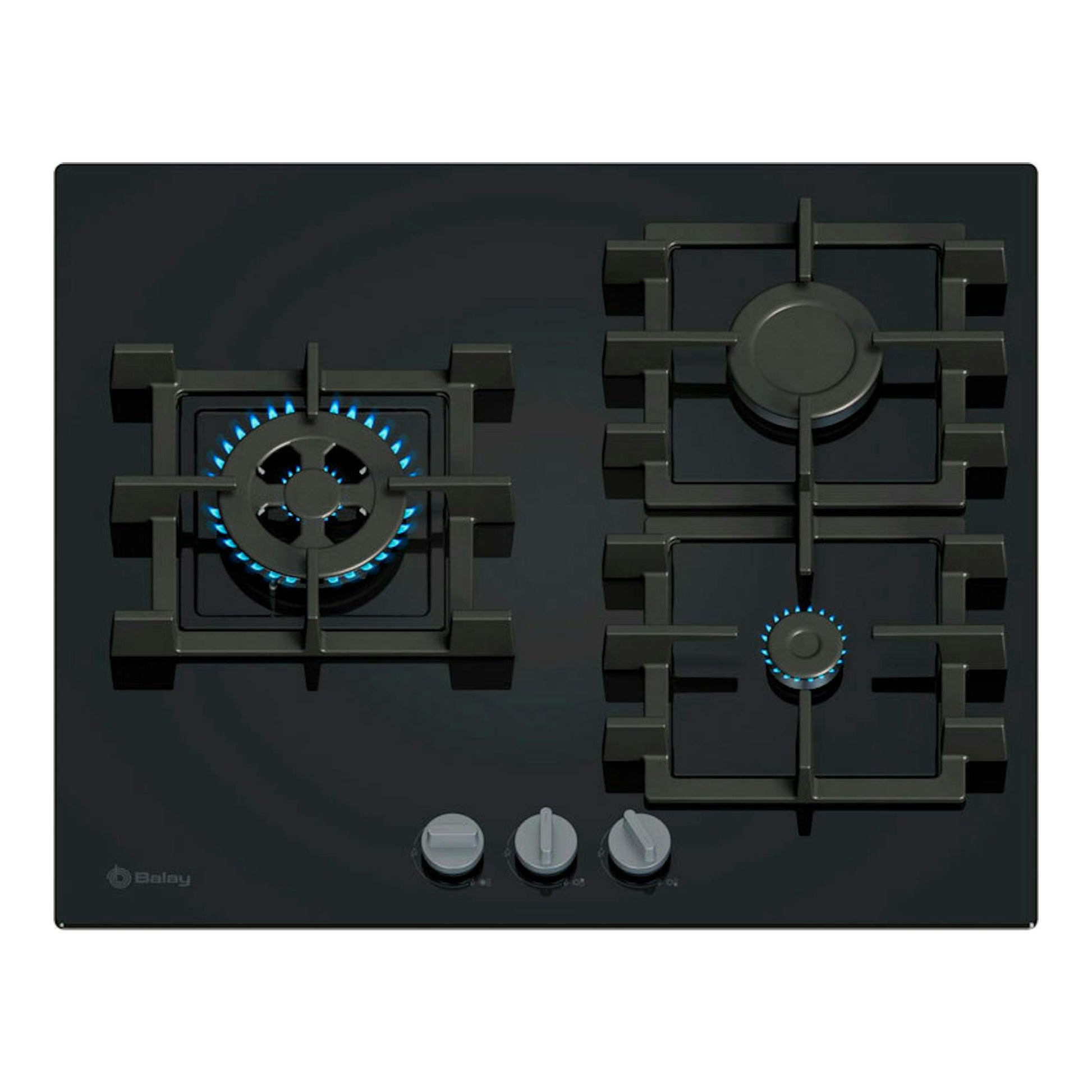 Placa de gas Balay 3ETG563QB 60 cm, cristal negro, vista frontal, 3 fuegos y mandos plateados.