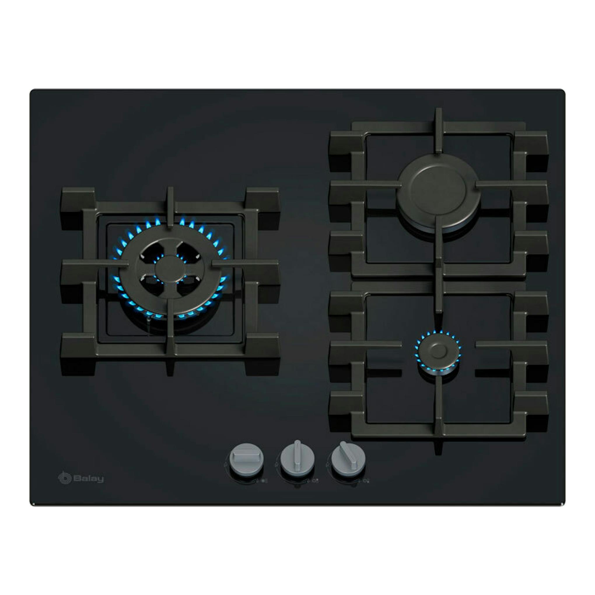 Placa de gas Balay 3ETG563QB 60 cm, cristal negro, vista frontal, 3 fuegos y mandos plateados.